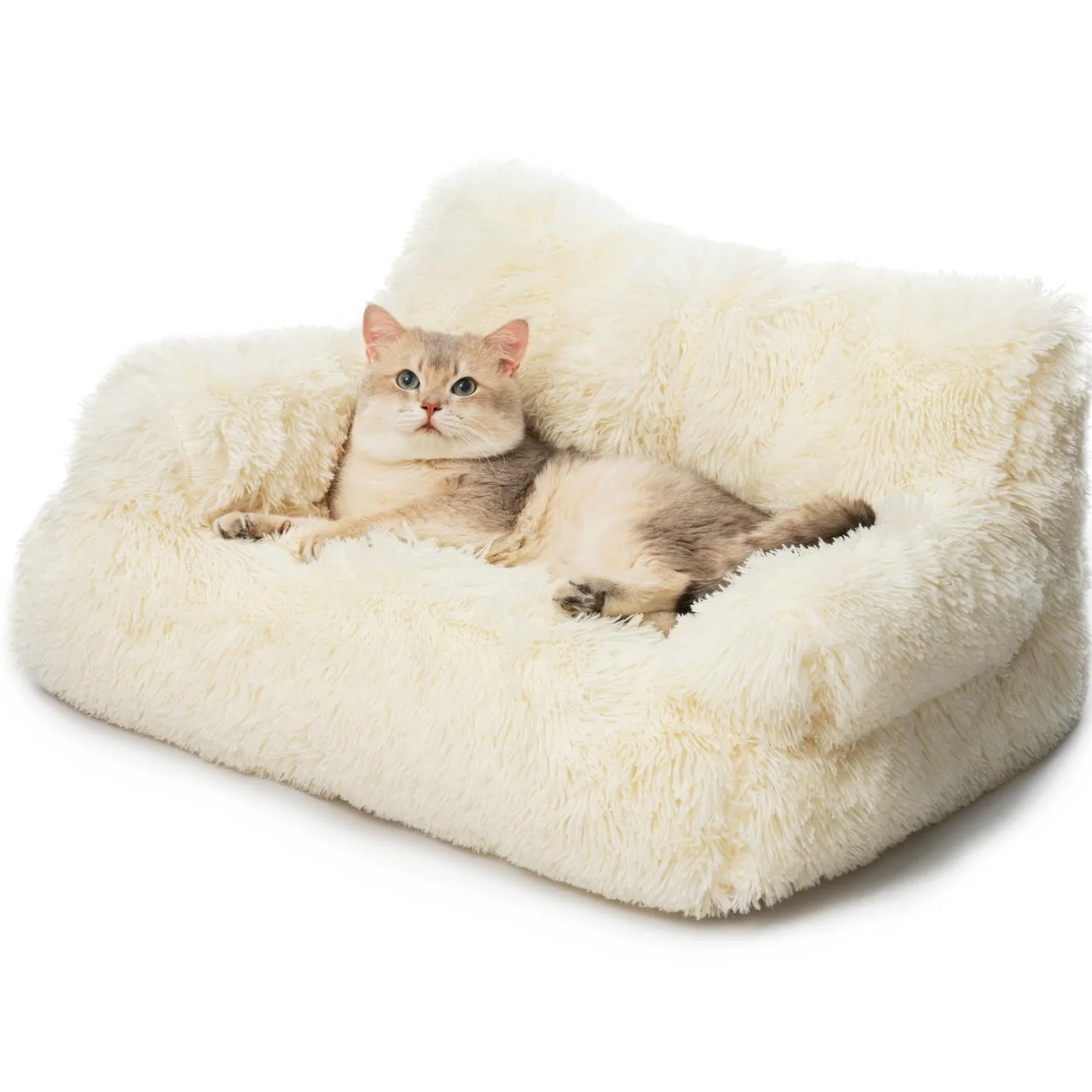 MEWOOFUN Elegante letto divano per gatti grande per gatti da interno, divano in peluche lavabile, letti per cani di piccola taglia, morbido calmante con fondo antiscivolo, beige