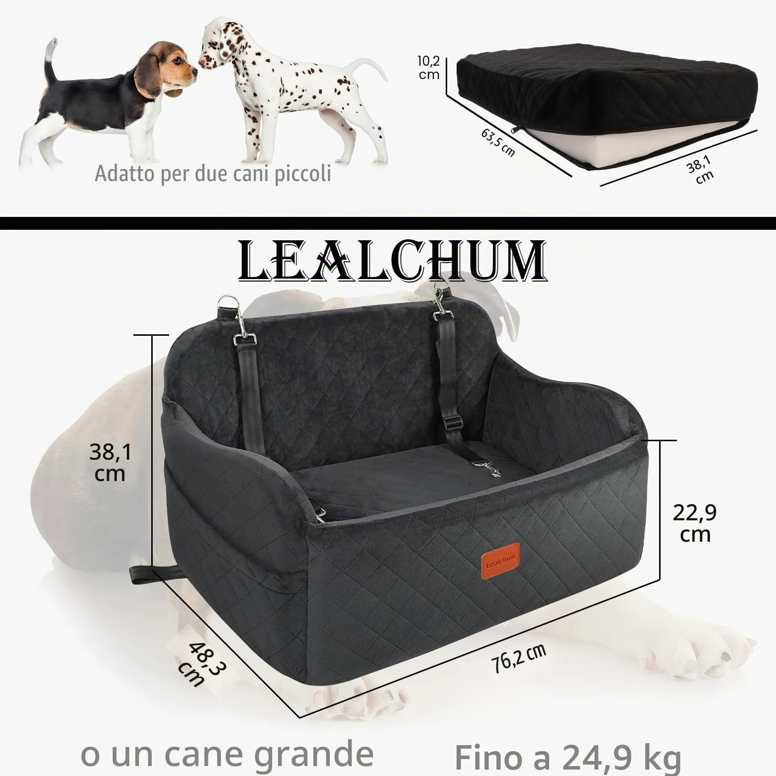 Seggiolino auto Lealchum per cani media/grande, 2 guinzagli sicurezza, 2 cani piccoli, rimovibile e lavabile