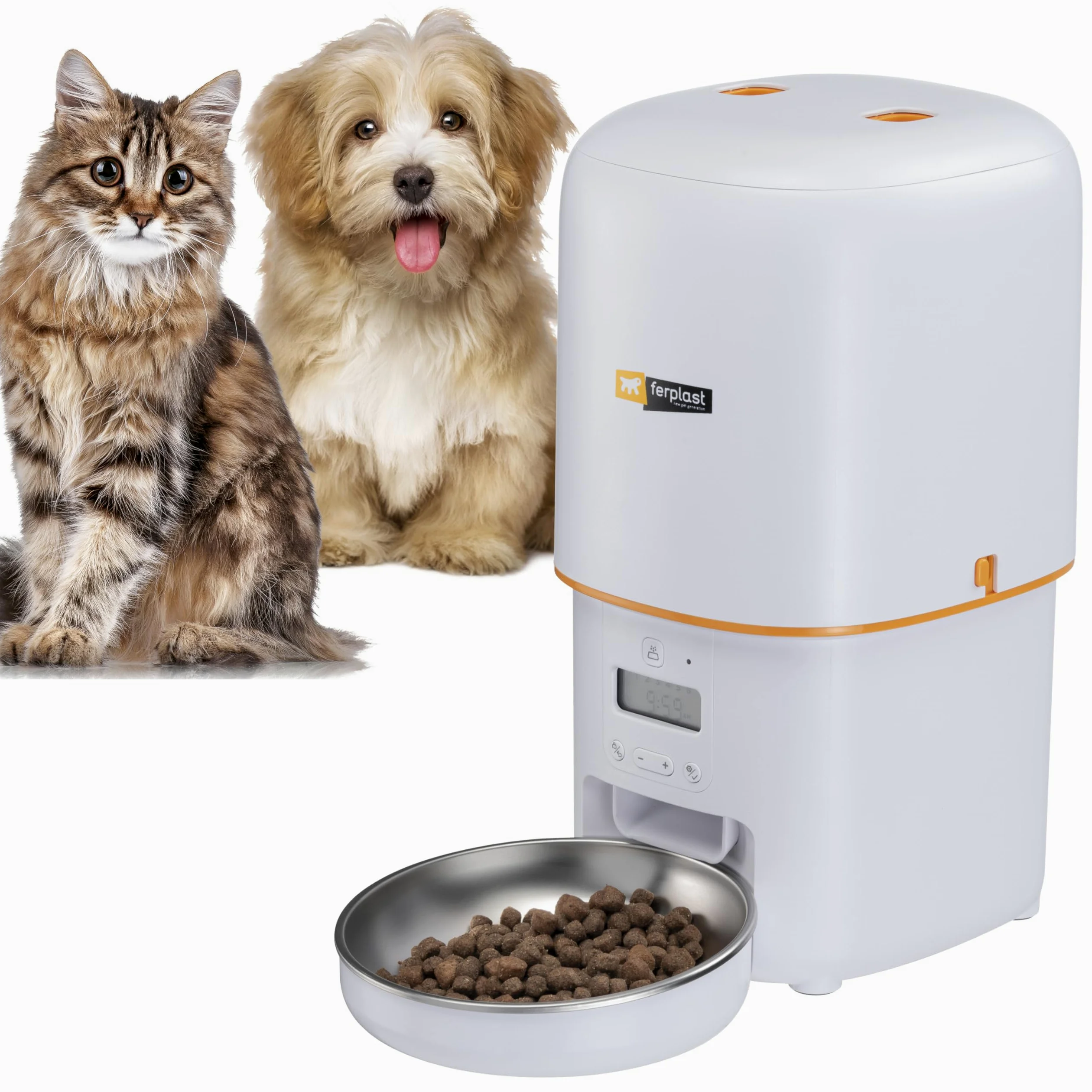 Ferplast Distributore Automatico Cibo Gatti e Cani, 4L, Programmabile Fino a 6 Pasti al Giorno e 16 Dosaggi, Doppia Alimentazione Batterie e Spina, Essiccante Controllo Umidità, Ciotola Acciaio Inox