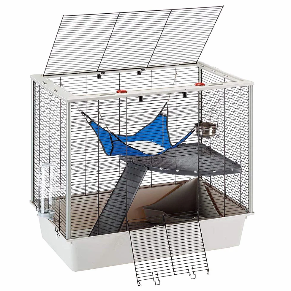 Ferplast Confortevole gabbia per furetti e ratti FURAT, Struttura su più livelli con accessori inclusi, Angoli rinforzati, Metallo verniciato Nero e plastica, 78 x 48 x h 70 cm