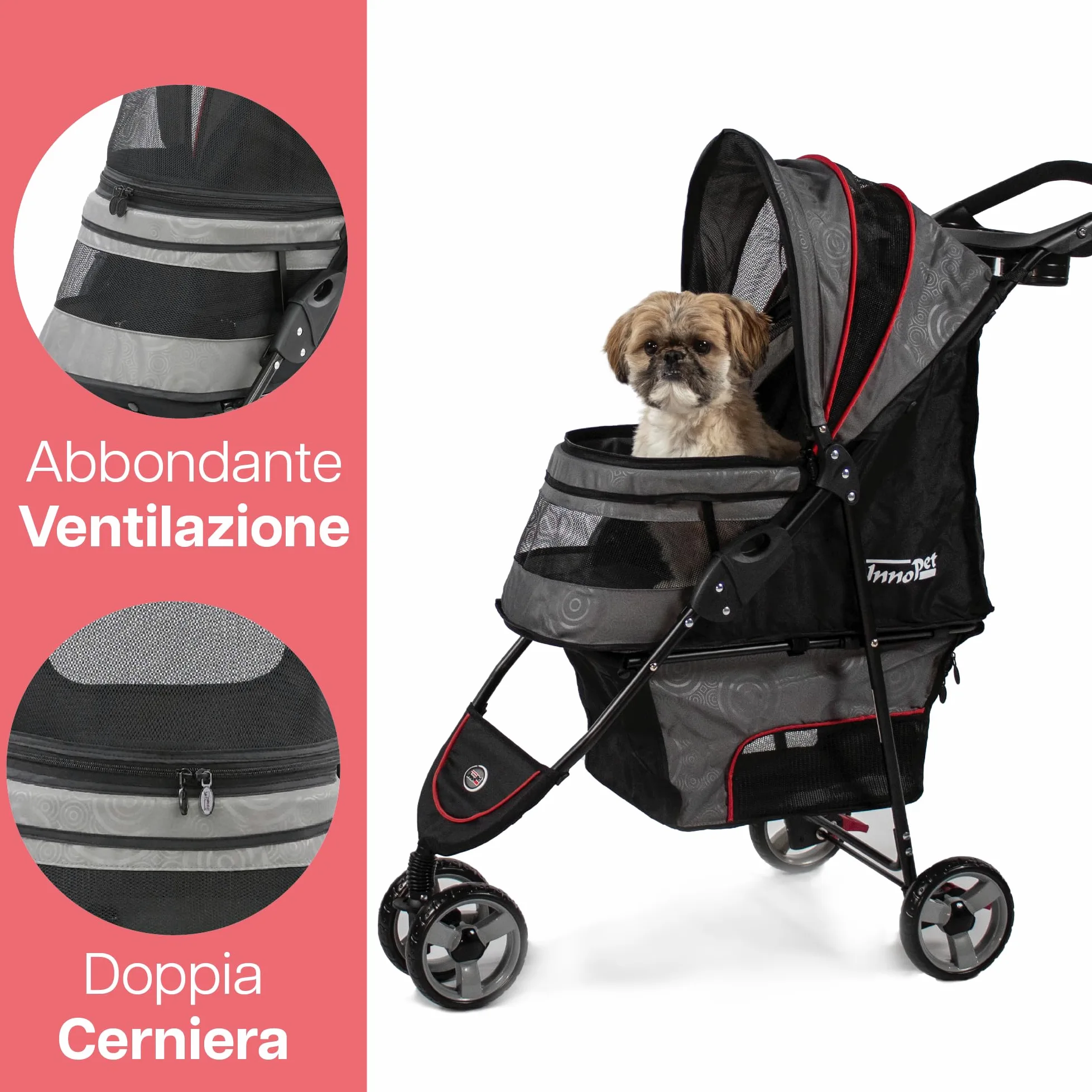 Passeggino leggero Innopet Avenue per cani e gatti, grigio/rosso - Passeggino urbano compatto per animali domestici con copertura antipioggia, cinture di sicurezza e cestino portaoggetti