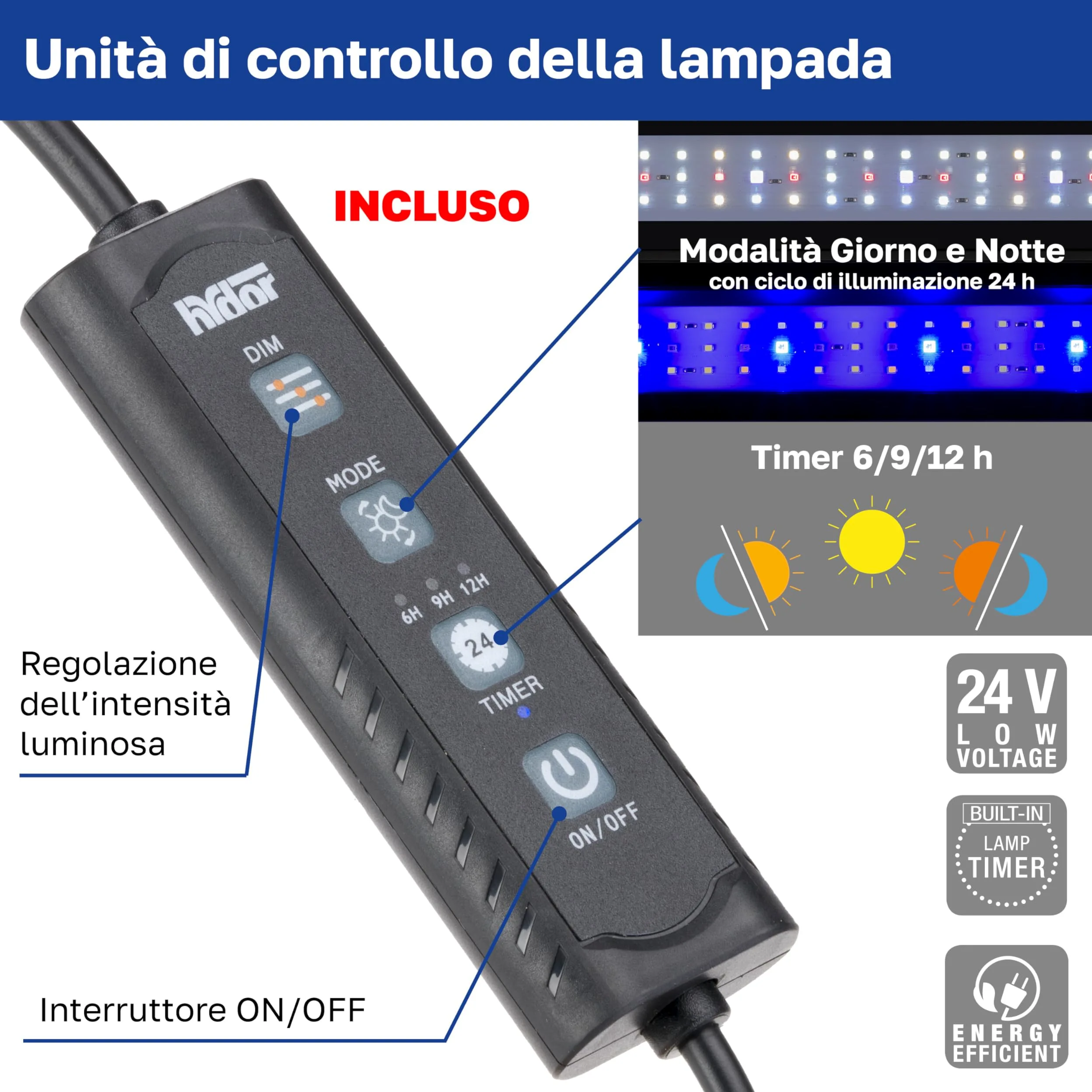 Hydor AQ-LUX REEF 700 Lampada LED per Acquario Marino 36 W (1400 lm) Spettro professionale, Dimmer e Timer Programmabile, Staffe Regolabili, Alimentatore Incl, IP67, 72 x 8 x h 9,5 cm.