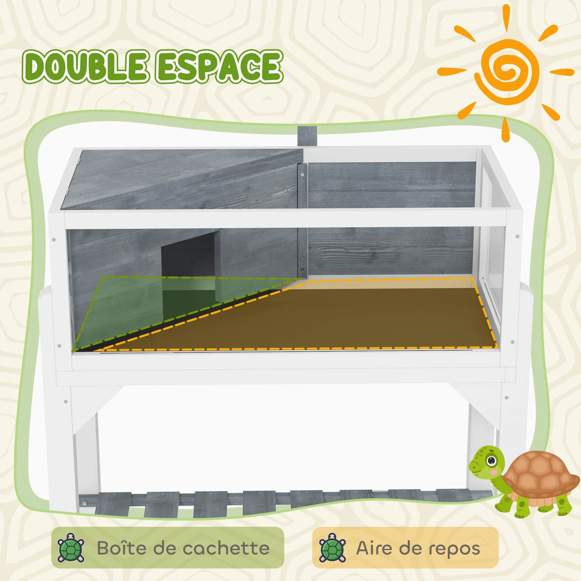 PawHut Casa per tartarughe su piedini a 2 zone - terrario per tartarughe terrestri con tetto apribile e zona interattiva - recinto 90 cm, supporto lampada, vista panoramica e ripiano - grigio