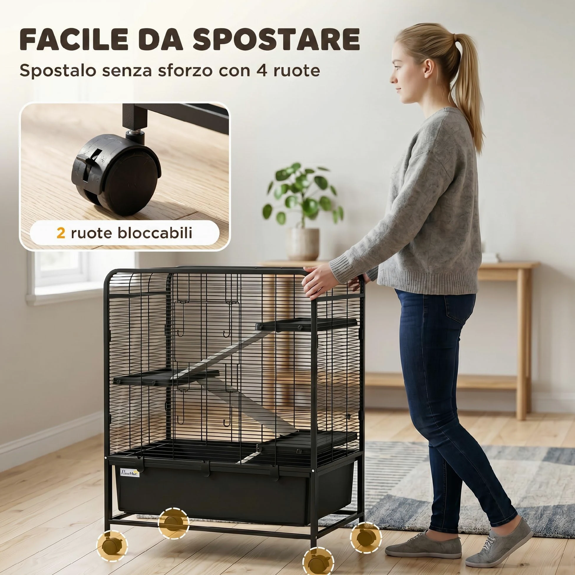 PawHut Gabbia per Conigli in Acciaio a 4 Livelli con Piattaforme, Rampe, Ruote, Serbatoio Acqua, Ciotola e Vassoio Rimovibile, Gabbietta per Criceti, Porcellini d'India, Furetti, 75x46x94.5 cm, Nero