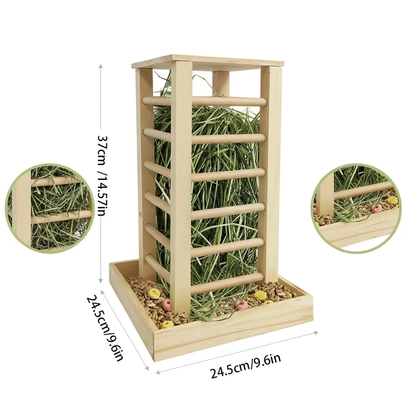 Mangiatoia per fieno per conigli, in legno, per piccoli animali, con ganci per appenderlo, design robusto masticabile, mantiene fresco, ideale per conigli, furetti, scoiattoli, cincillà, criceti