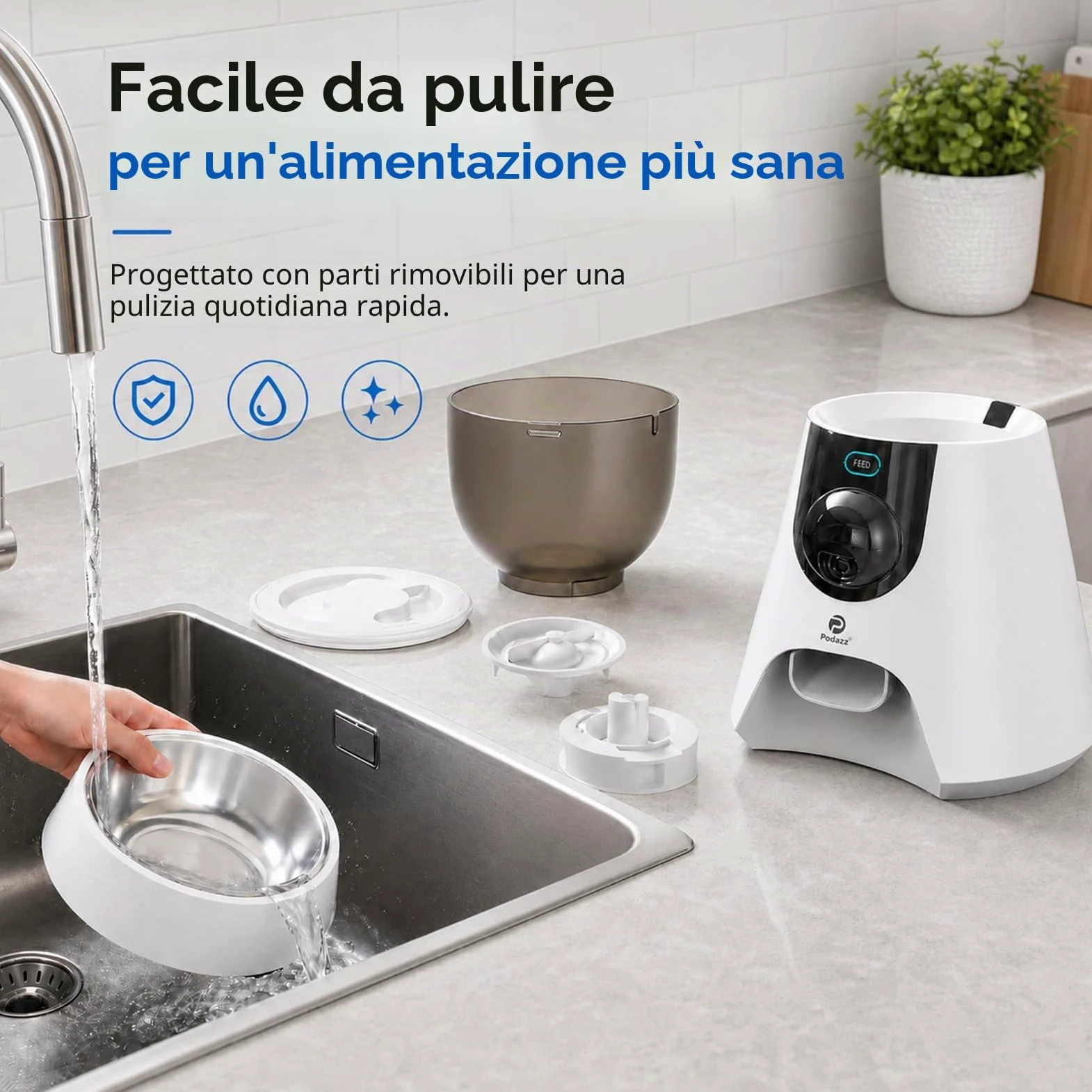 Podazz Distributore Automatico Cibo Gatti con Fotocamera 1080P, 2.4G/5G WiFi Dispenser Cibo Gatti, Controllo App, Timer, Visione Notturna e Voce Bidirezionale, Fino a 10 Porzioni 10 Pasti al Giorno