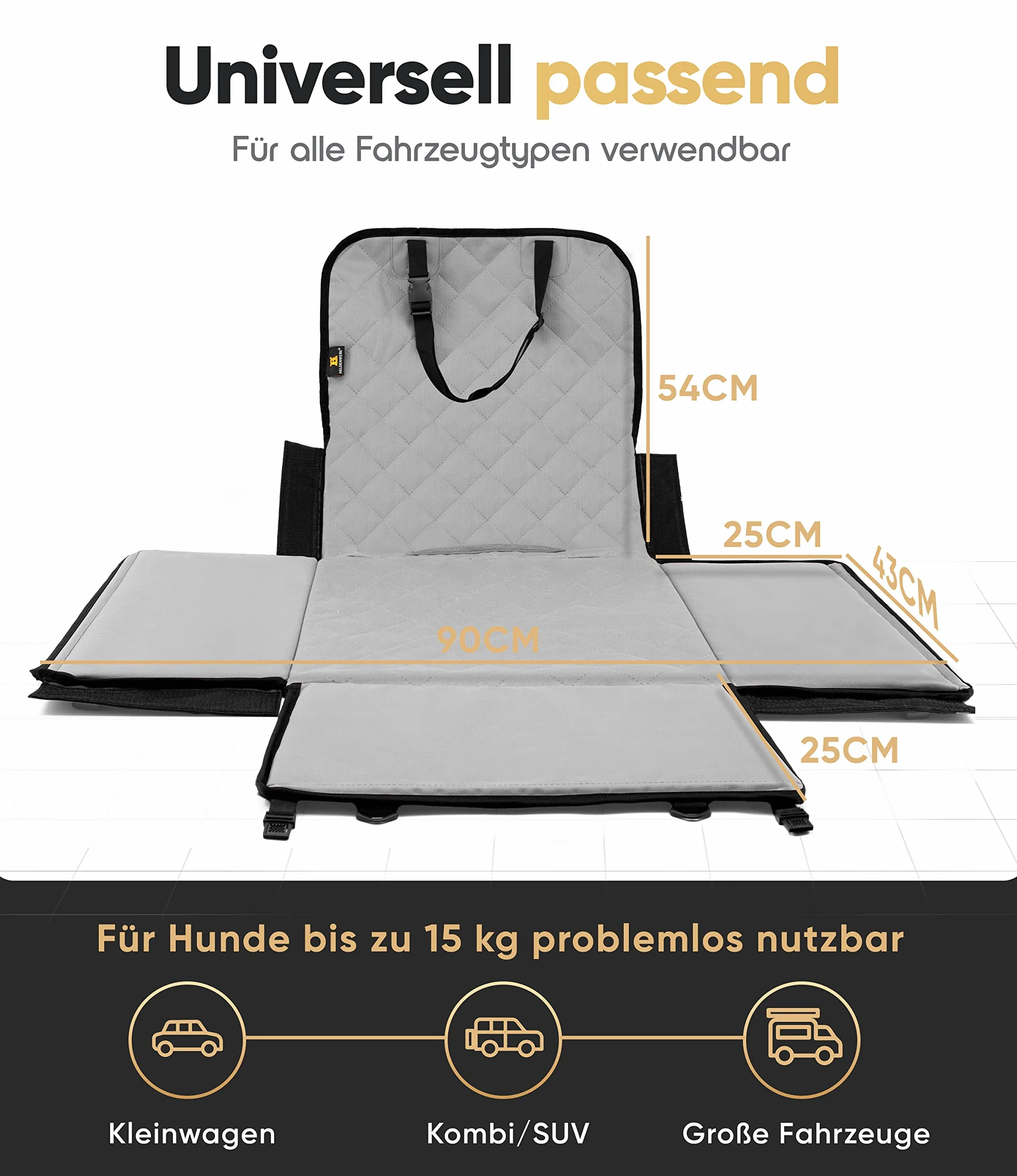 Heldenwerk Seggiolino auto per cani extra robusto Pareti rinforzate e 5 cinghie impermeabile sedile posteriore anteriore grigio misura