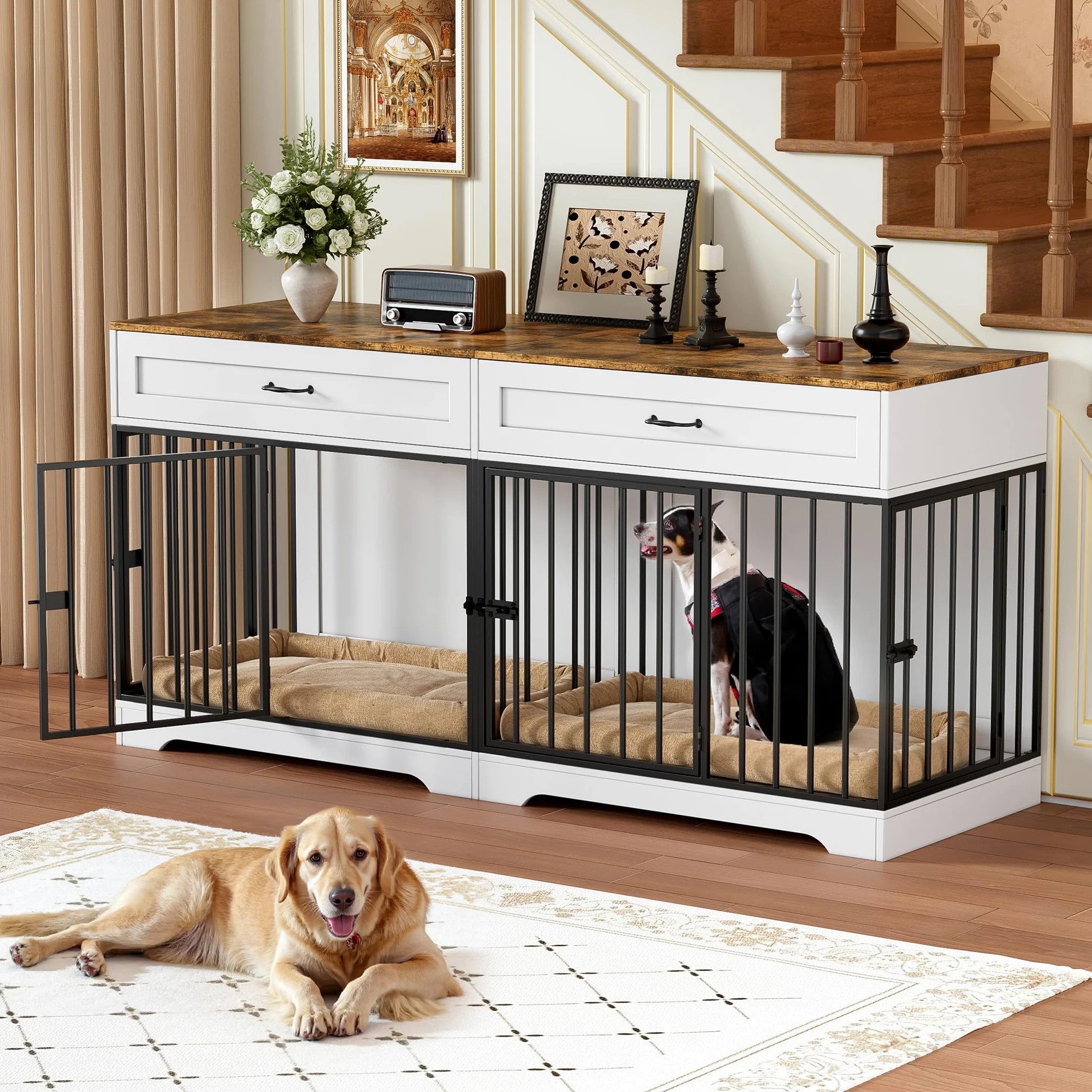 Gabbia per Cani Kennel, Casetta per Cani da Interno, 178CM Gabbietta per Animali in Legno e Metallo, XXL Cuccia Robusta per Dog con Divisorio & 2 Cassetti,Casetta per Animali,4 Porte,Fino a 100KG