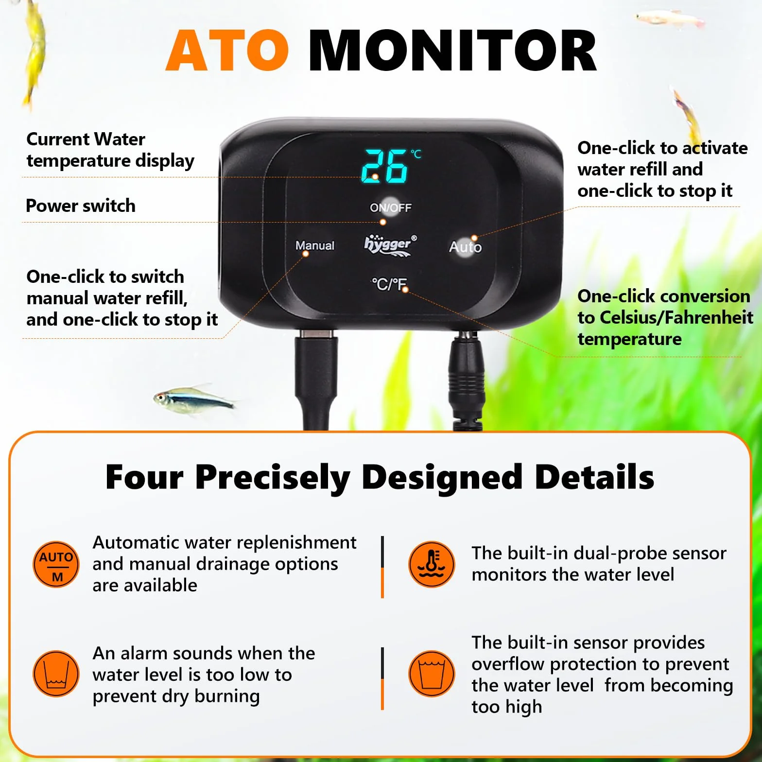 hygger ATO Sistema di Riempimento Automatico Acquario, Osmolatore Acquario ATO Sistema di Riempimento Automatico con Pompa, Aquarium Refill Automatic Water Level Controller