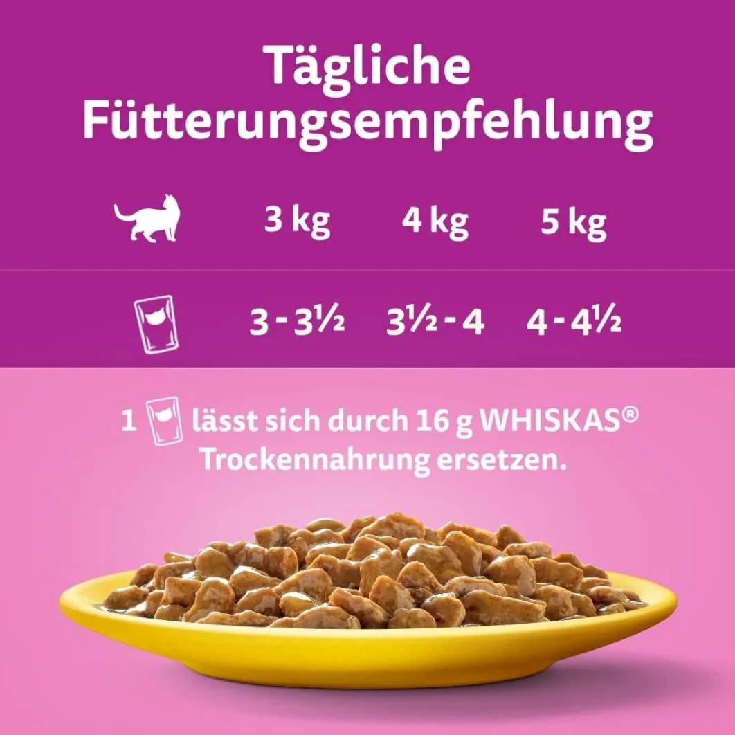 Whiskas 7+ cibo per gatti, pollame a scelta in salsa, 12 x 85 g (4 confezioni) – cibo umido di alta qualità a partire dai 7 anni in 48 sacchetti