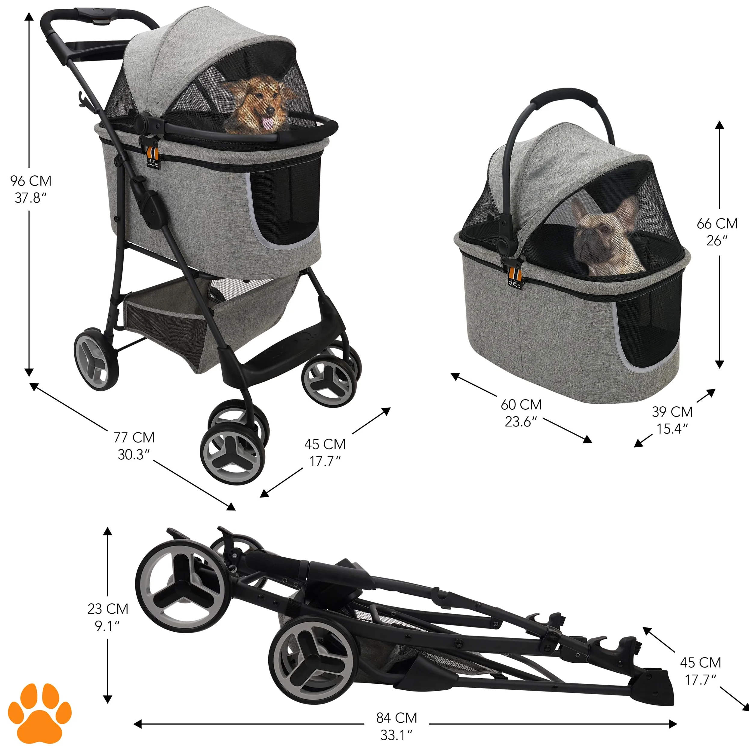 Mod. CECE 2 in 1 - Passeggino per animali, con cestino per spesa o accessori, pieghevole con una mano, utilizzabile col telaio della carrozzina o staccabile come trasportino, grigio melange