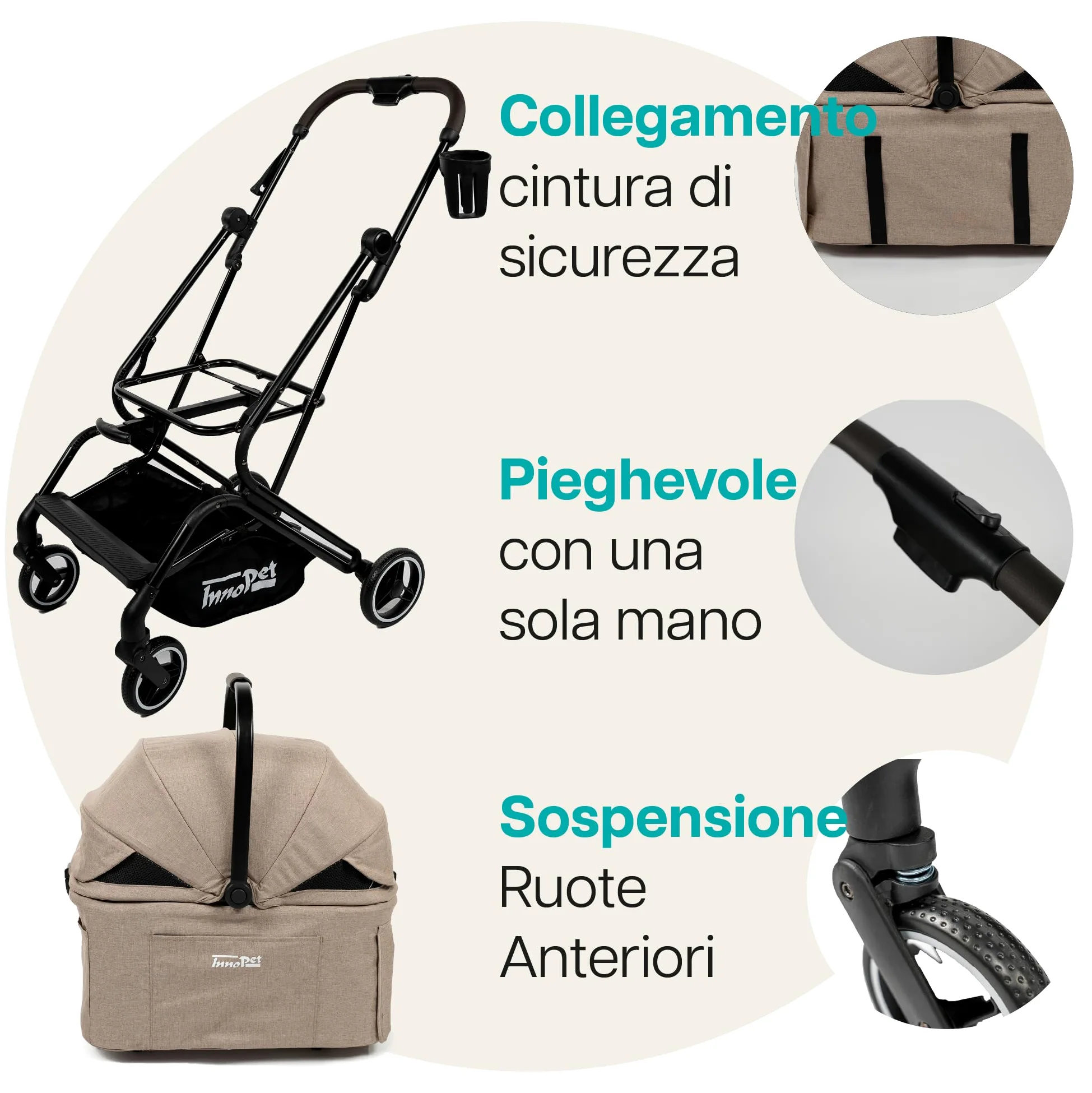 Passeggino compatto per animali Innopet Nomad - Passeggino pieghevole e leggero per cani e gatti fino a 20 kg - Trasportino per animali, seggiolino auto e passeggino 3in1