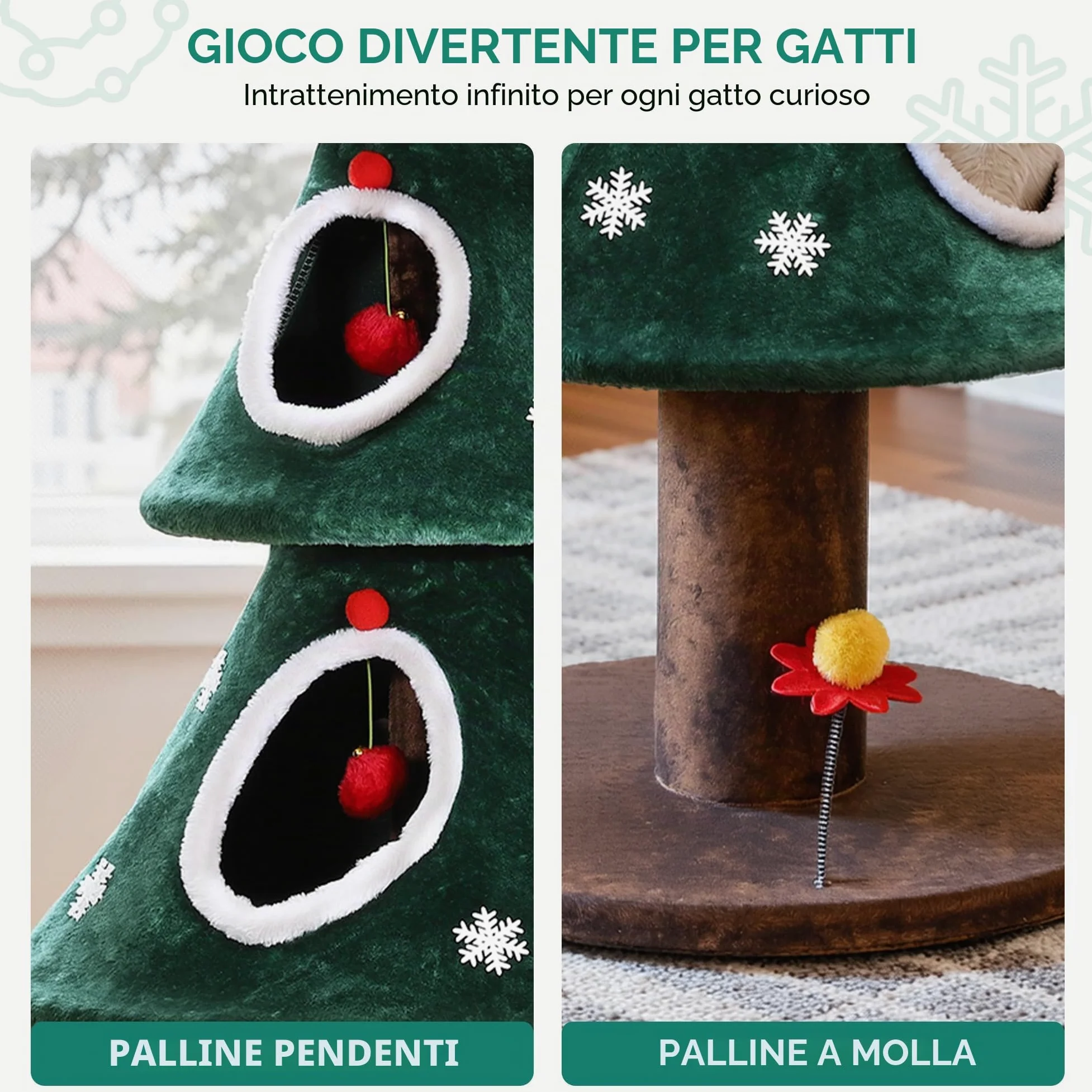 YITAHOME Albero di Natale grande con 2 ripiani, casa per gatti da 132 cm, colonne tiragraffi, centro attivo per gattini e decorazioni natalizie in verde