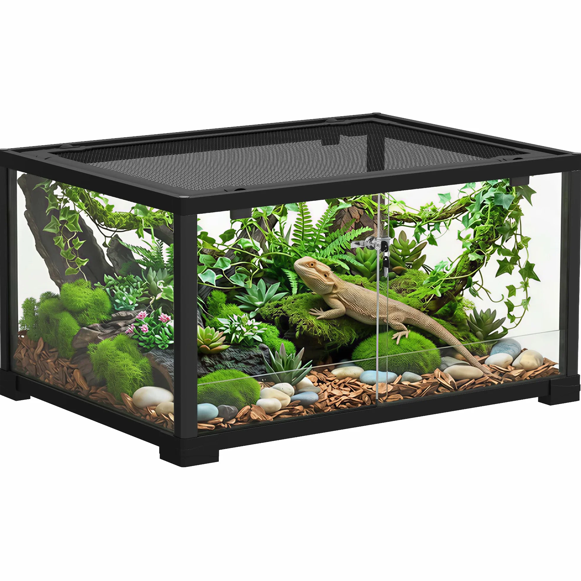 PawHut Terrario per Rettili Rialzato 60x45x32 cm con Doppia Serratura, Porta per Alimentazione, Ventilazione e Visuale a 360°, Rettilario con Rete Metallica per Ucertole, Ragni, Gechi, Serpenti, Nero