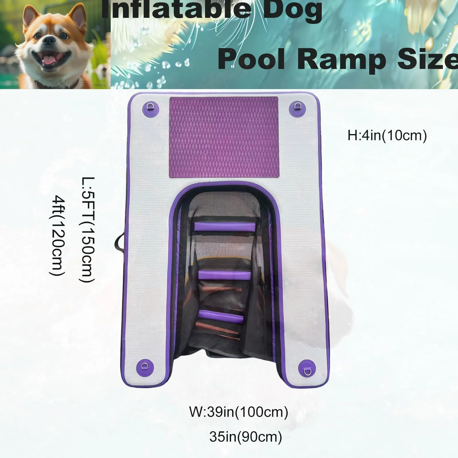 HEYLIFE Rampa Gonfiabile Per Cani cancelletti e Rampe Inflatable Dog Water Pool Ramp Per Piscina Fino a 100 kg Purple 120x90x10cm