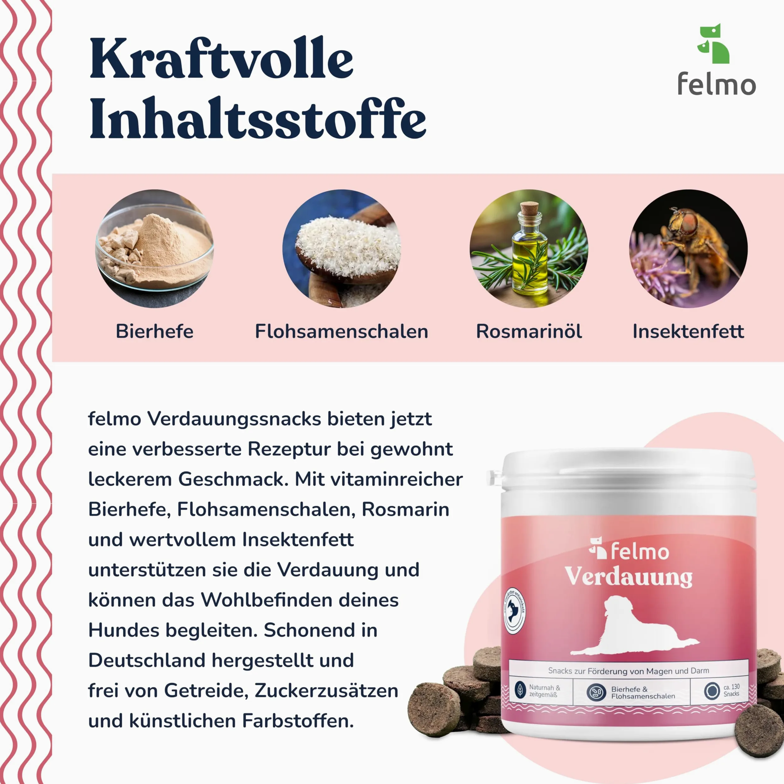 felmo Snack digestivo per cani (325 g) con lievito di birra e grasso completo per insetti | Snack prebiotici per l'equilibrio intestinale, la salute della pelle e dell'immunità, senza cereali, made in Germany