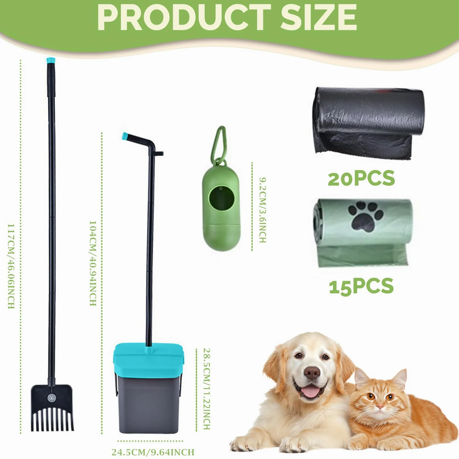 Kit con paletta girevole e rastrello per cani, manico lungo 116,8 cm, paletta regolabile per rifiuti di animali domestici, con cestino da 101,6 cm e 35 sacchetti per rifiuti, raccoglitore portatile