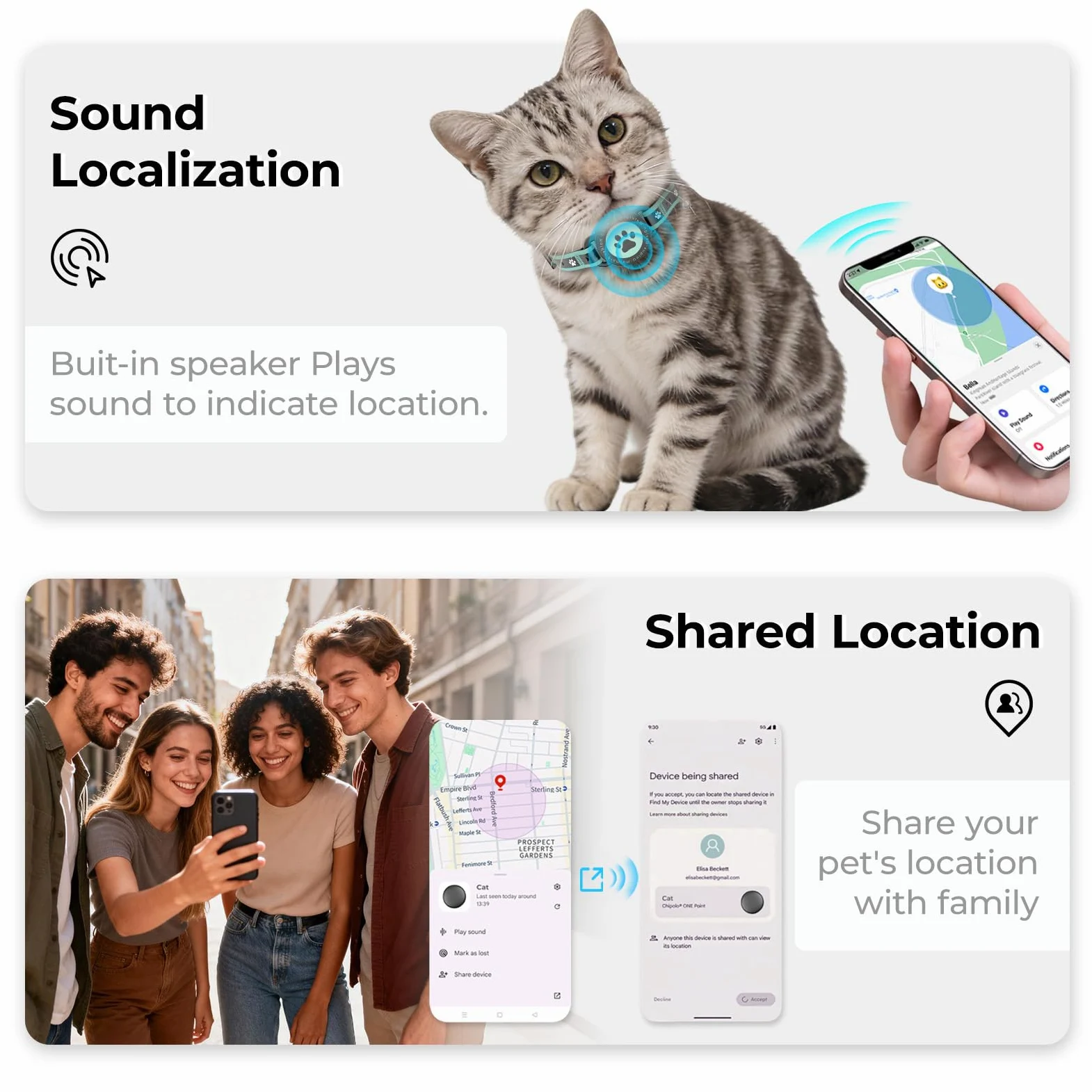 Cat Tracker compatibile con iOS e Android, collare GPS per animali domestici