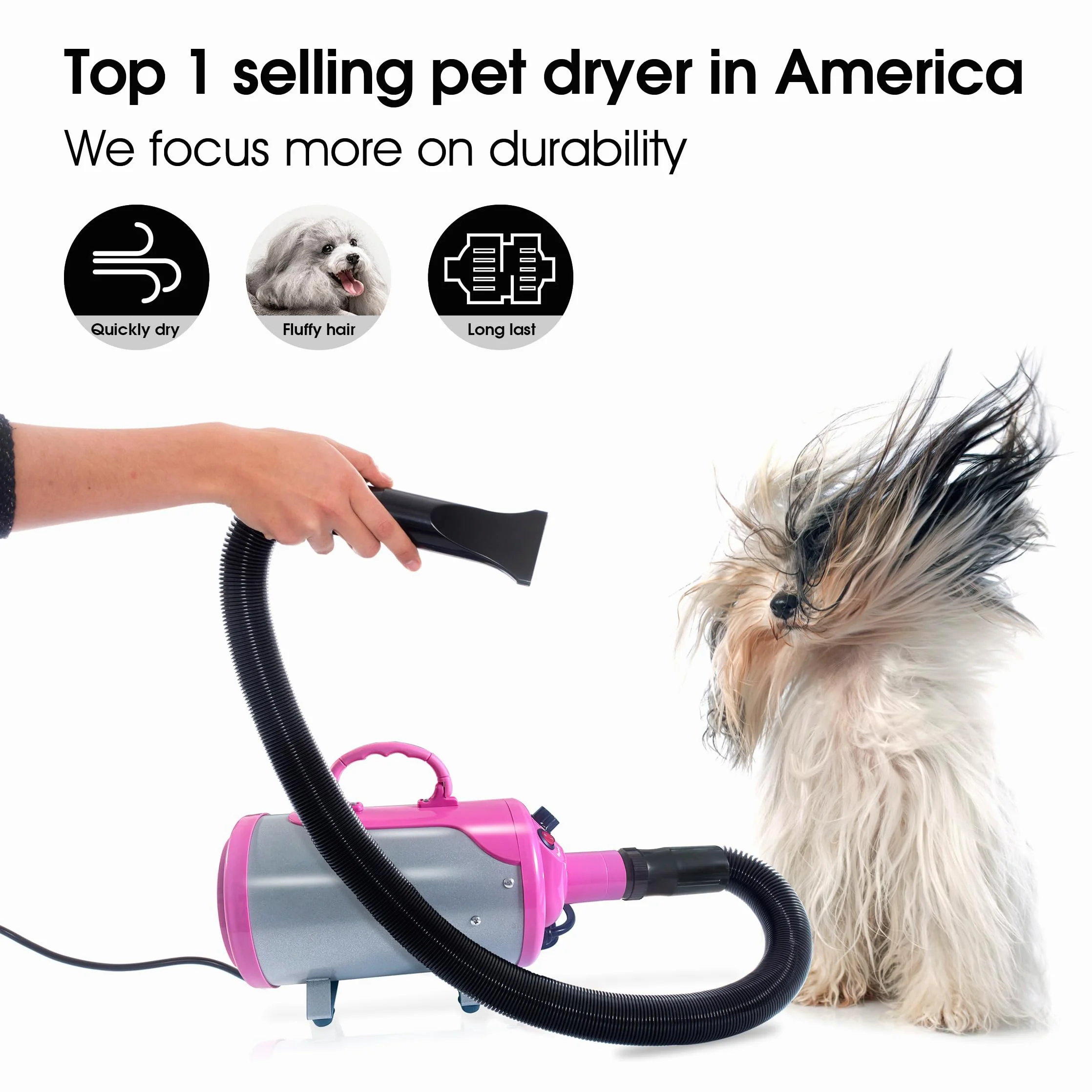 Shelandy Soffiatore per Cani 3.2HP, Asciugatore Professionale Regolabile in Velocità e Temperatura, Phon per Toelettatura Accessori Gatti, Asciuga Silenzioso Dog Dryer Rosa
