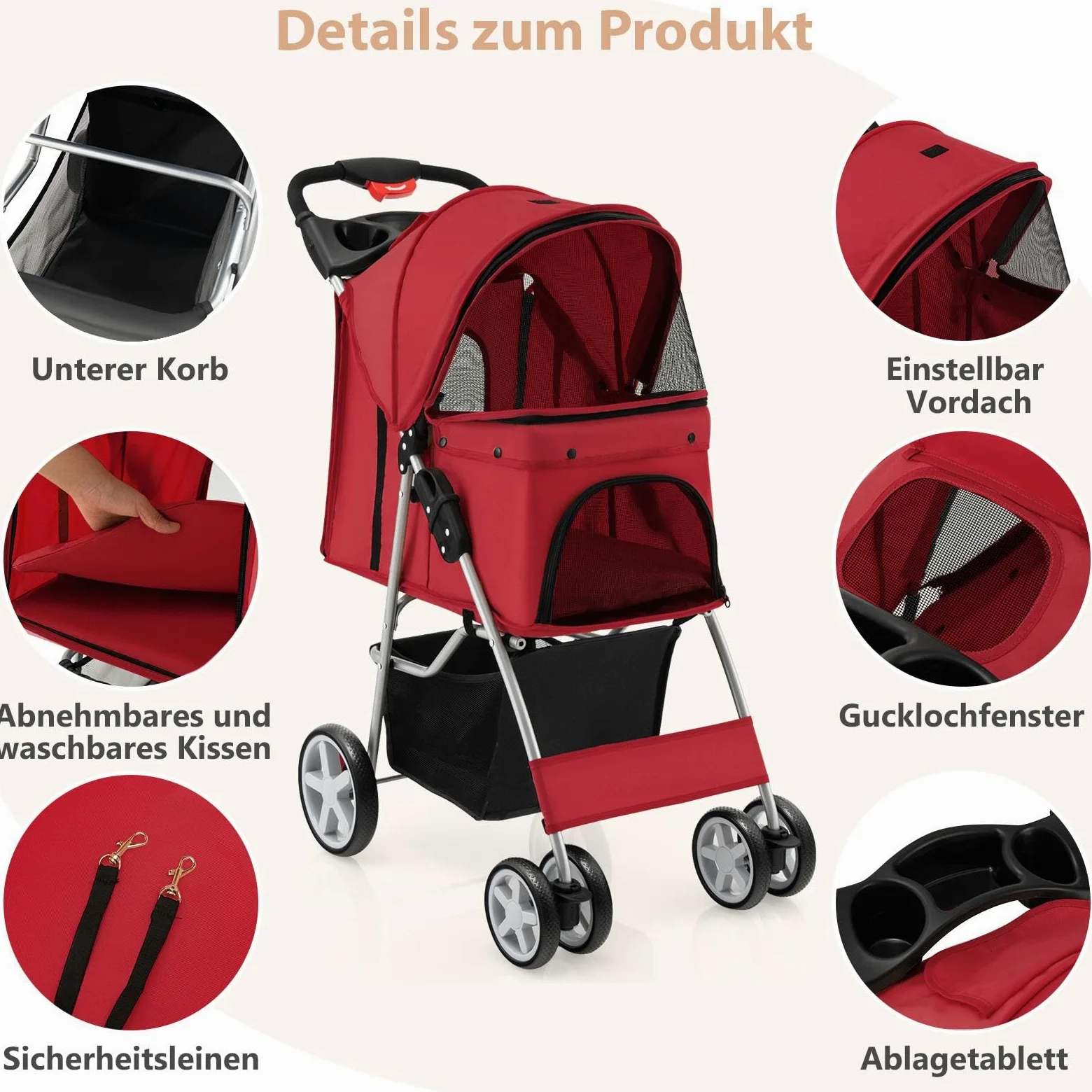 SOARS Passeggino per Cani e Gatti Pieghevole Fino 15 kg, Carrello per Animali Domestici, Trasportino Carrozzina Portatile da Viaggio e Passeggio con Tettuccio per Cuccioli, 87 x 46 x 102 cm (Rosso)