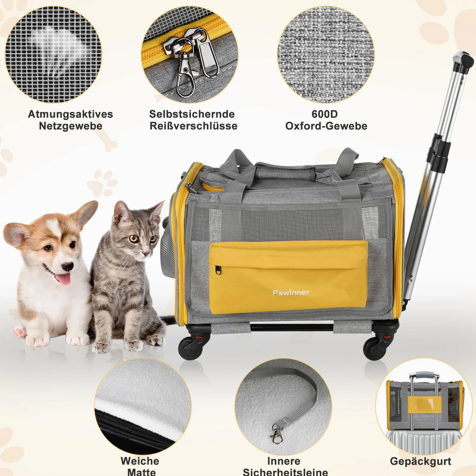 Trasportino per cani con ruote, 45 x 33 x 33 cm, con trolley per auto e aereo, pieghevole, traspirante, portatile, per cani e gatti fino a 9 kg