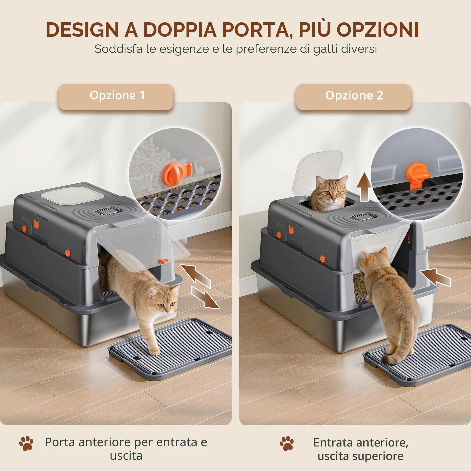 Lettiera Acciaio Inossidabile con Coperchio, XXXL Lettiera Gatto Chiusa, 70 x 50 x 42 cm, 105° coperchio incernierato, Include Pedale e Paletta, Design Modulare, Due Porte, Grigio Scuro