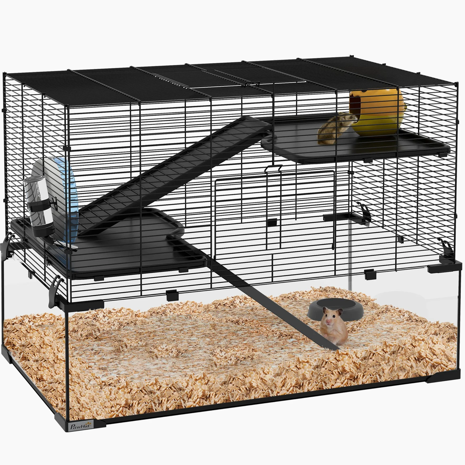 PawHut Gabbia per Criceti, Gabbietta per Criceti, Gerbilli e Piccoli Animali in Filo d'acciaio e Vetro con Ruota, Piattaforme, Rampe, Base Rimovibile, Beverino e Mangiatoia, 76.5x48.5x54.5 cm, Nero