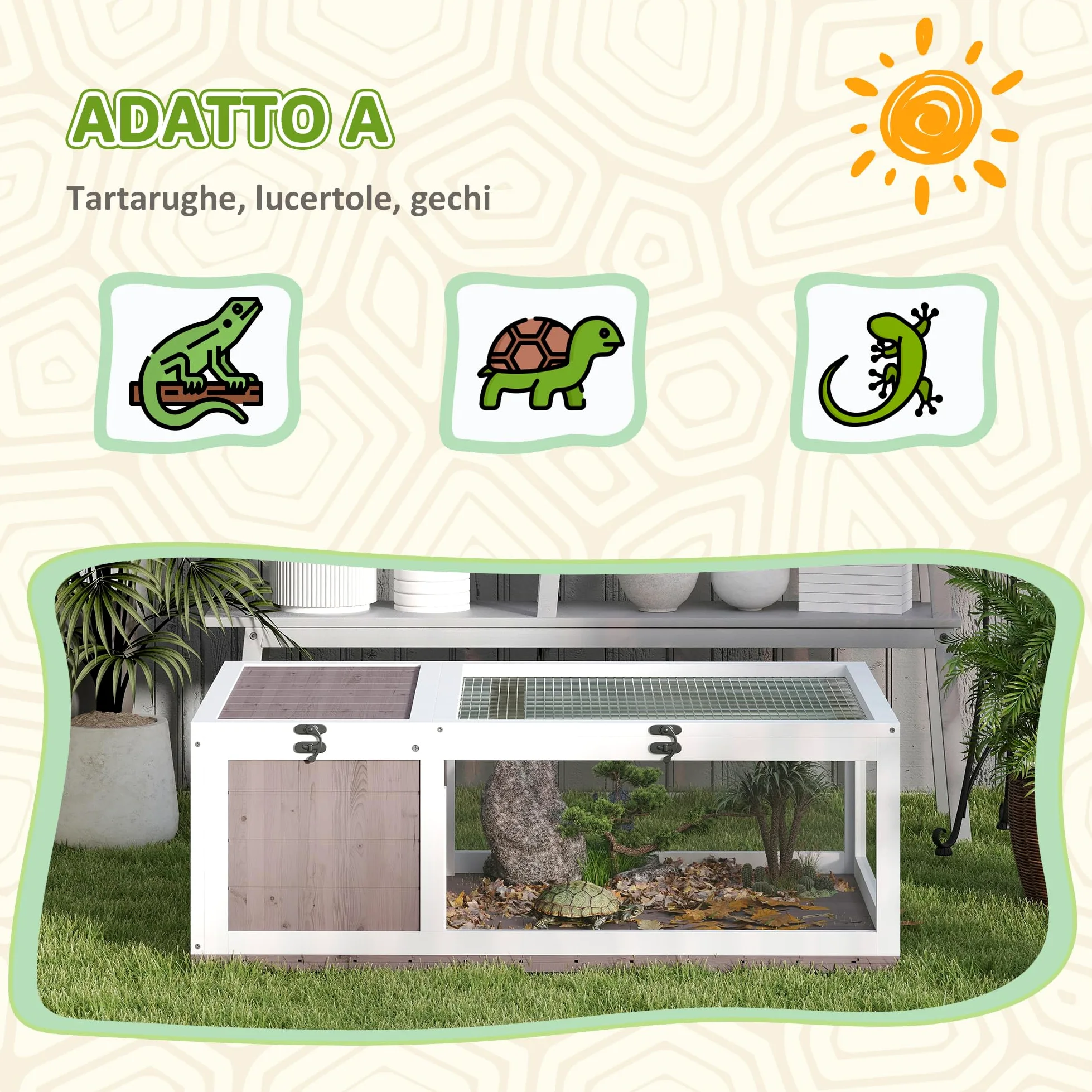 PawHut Casa per Tartarughe di Terra con Pannello Apribile e 2 Spazi Separati, Terrario Tartarughe di Terra in Legno di Abete e Acciaio Zincato, 91x60.5x32 cm, Marrone Chiaro