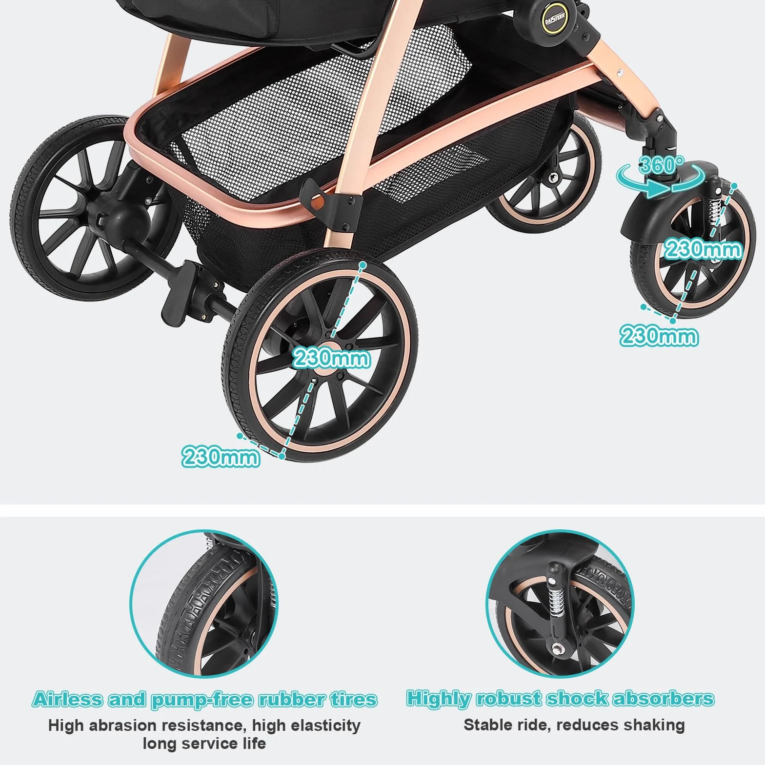 Passeggino per Cani 4 in 1 fino 25 Kg,Telaio in alluminio anodizzato 100% pieghevole,ruote gomma schiumosa 360°,Staccabili,adatto per cani e gatti di medie e piccole taglie, Marrone