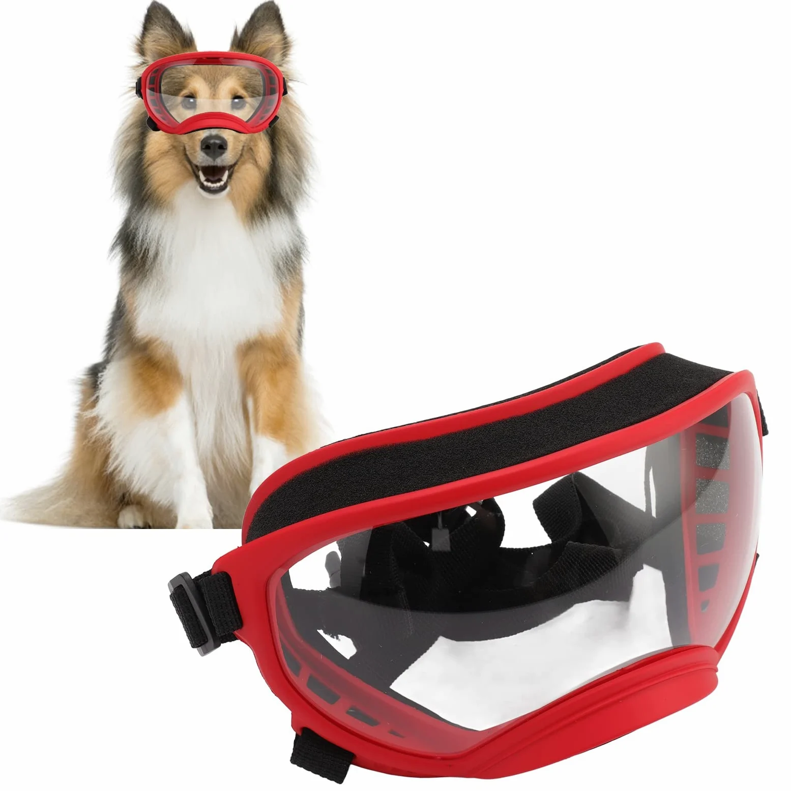 Occhiali da sole per cani antivento, con cinturino regolabile, per cani di taglia grande (montatura rossa e occhiali trasparenti)