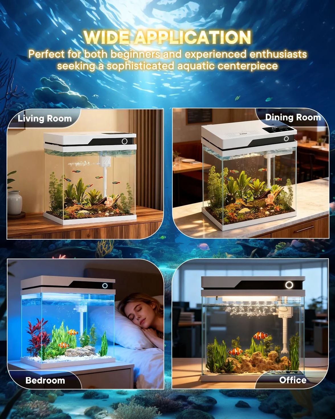 Vehipa Acquario per Pesci Rossi da 16L, Completo Acquario con Alimentatore Automatico, Pompa Silenziosa 4 in 1, Illuminazione Regolabile, Display della Temperatura e Umidificatore