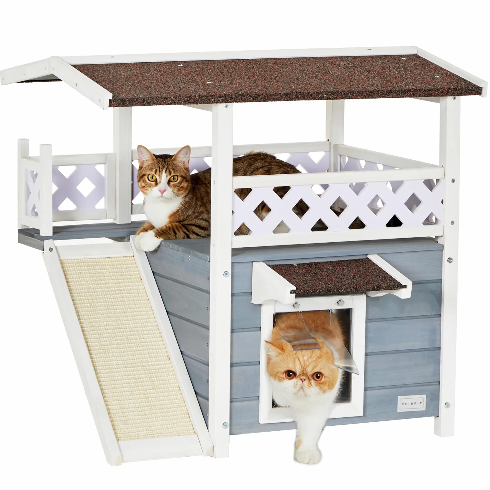 Petsfit Casetta per Gatti in Legno, con Tetto Asfalto, Cuccia per Gatto da Esterno (Grigio con tiragraffi, 76x56x72.4cm)