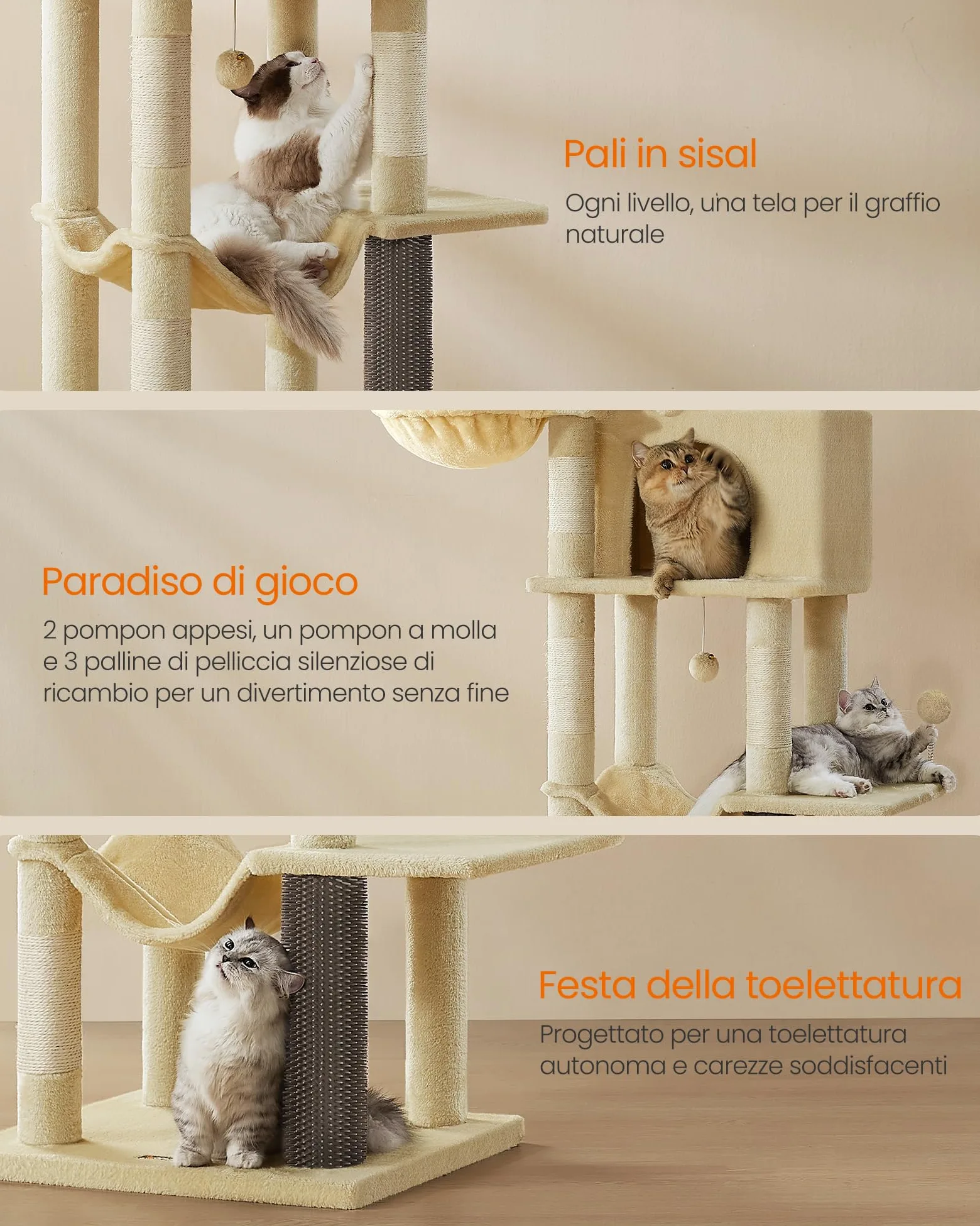 Feandrea Albero per Gatti Grande, Torre Tiragraffi Alto 175 cm, Multilivelli con 2 Grotte, 2 Cestini, 5 Graffiatoi, Autospazzola, Trespolo, Amaca, Beige Sabbia PCT182Y01