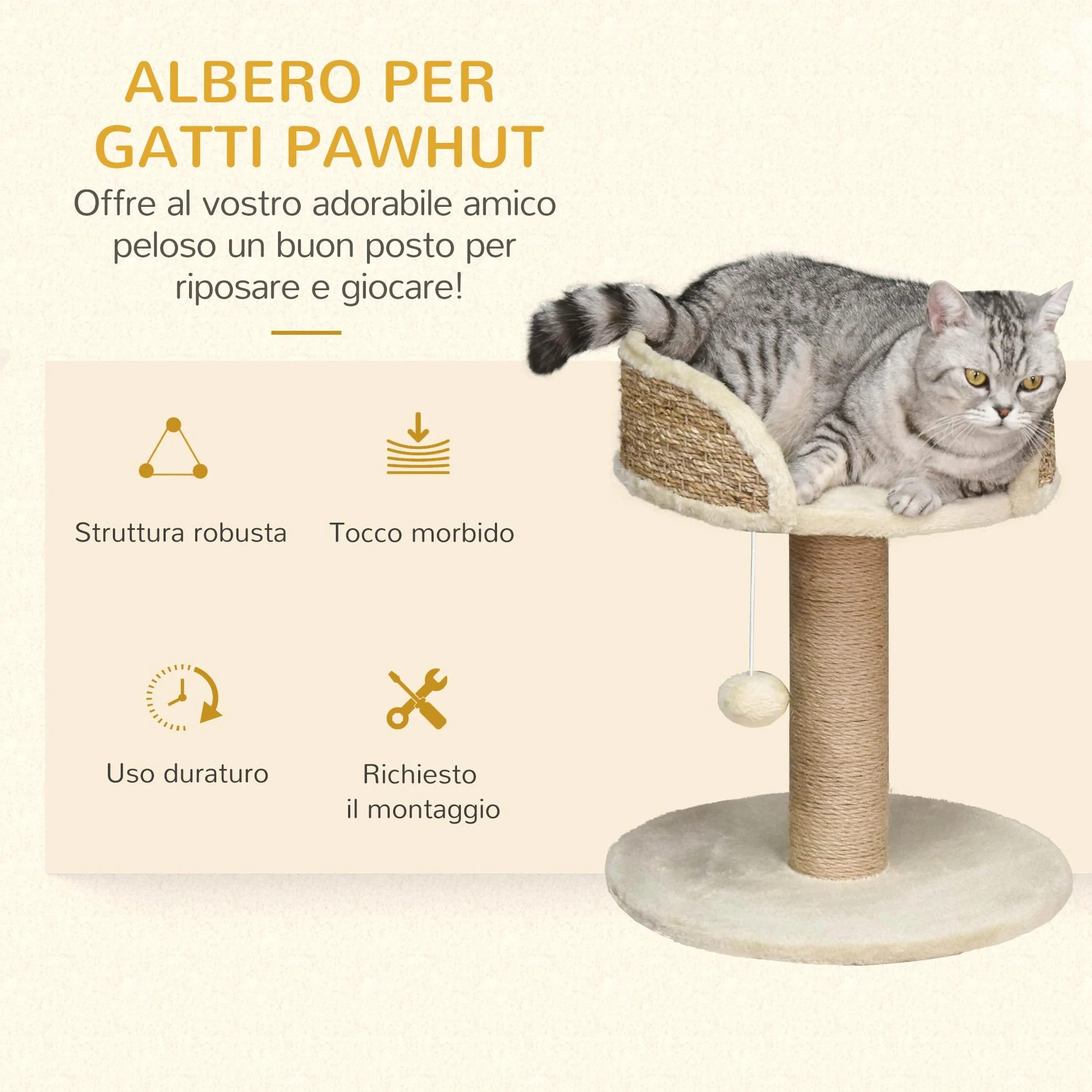 PawHut Albero Tiragraffi per Gatti Adulti e Gattini, Trespolo con Lettino per Gatti, Palo in Juta e Pallina Appesa, 40x40x49cm, Beige