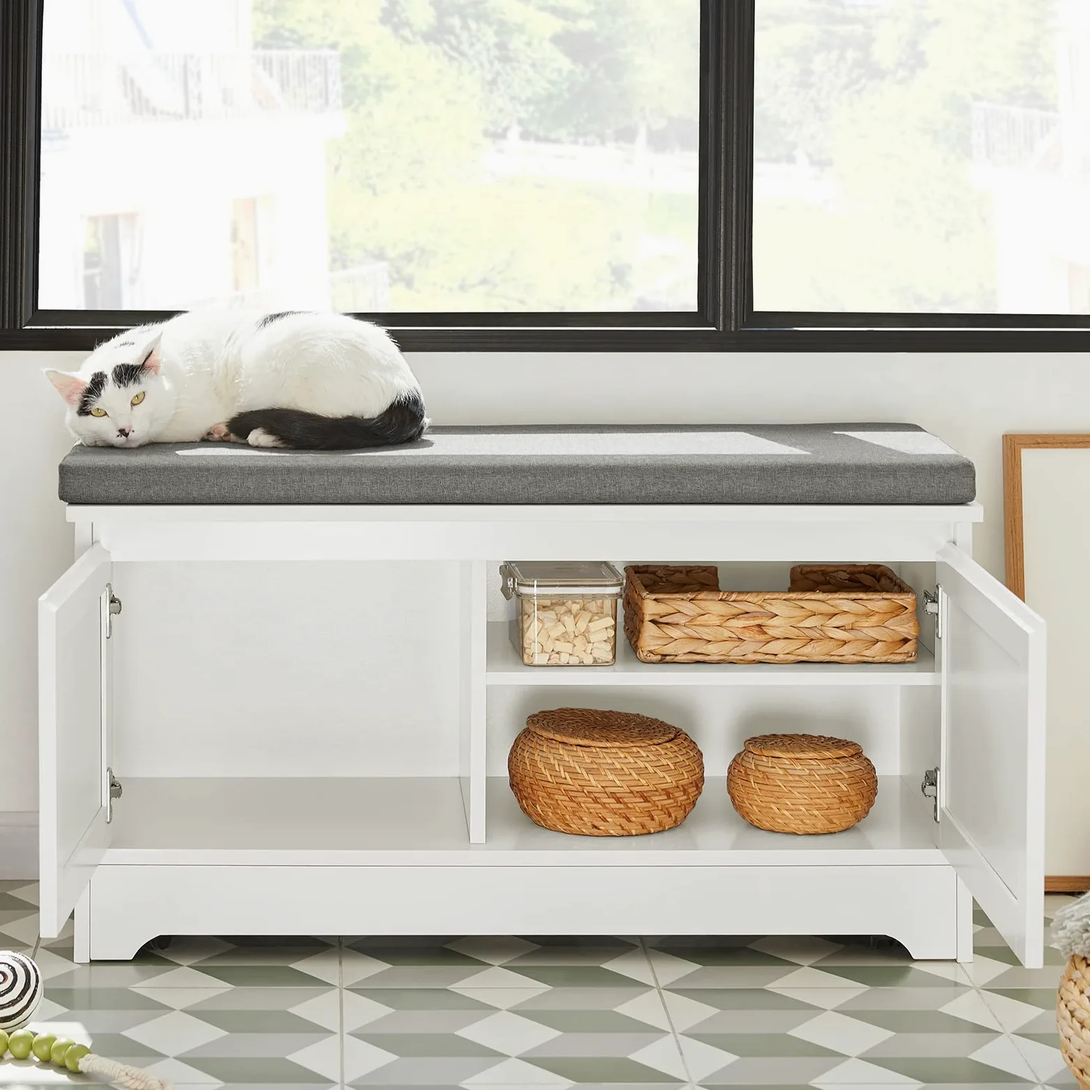 SoBuy Cuccia per gatti con ciotola per gatti in acciaio Inossidabile Panca con seduta Casetta per gatti Bianco 90x36x44cm FSR136-W