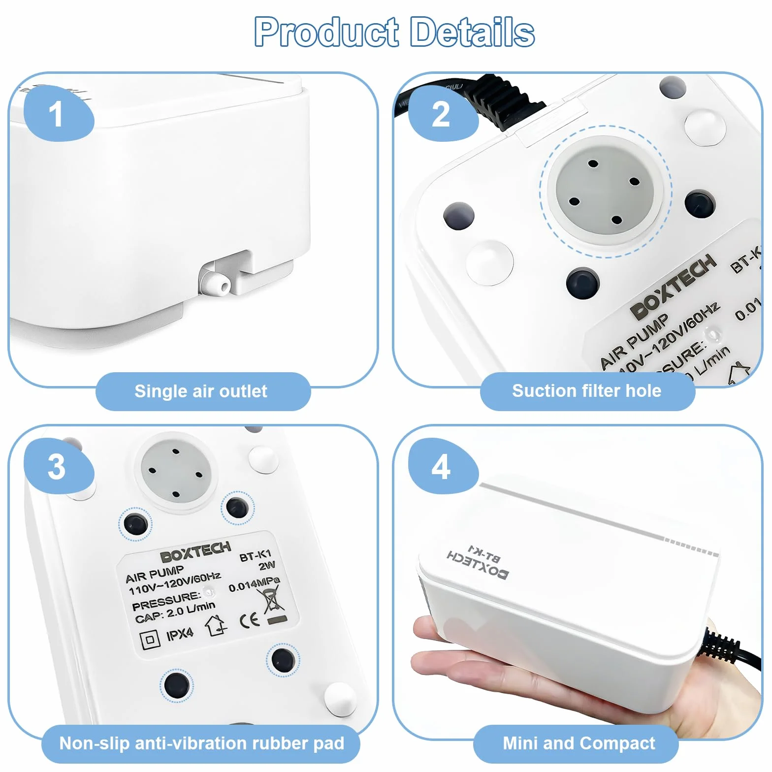 Boxtech Pompa ad aria per acquario, 10 W, 4 uscite, pompa per ossigeno con flusso d'aria regolabile, pompa silenziosa per laghetto da 10 a 150 l, compatibile con spina europea