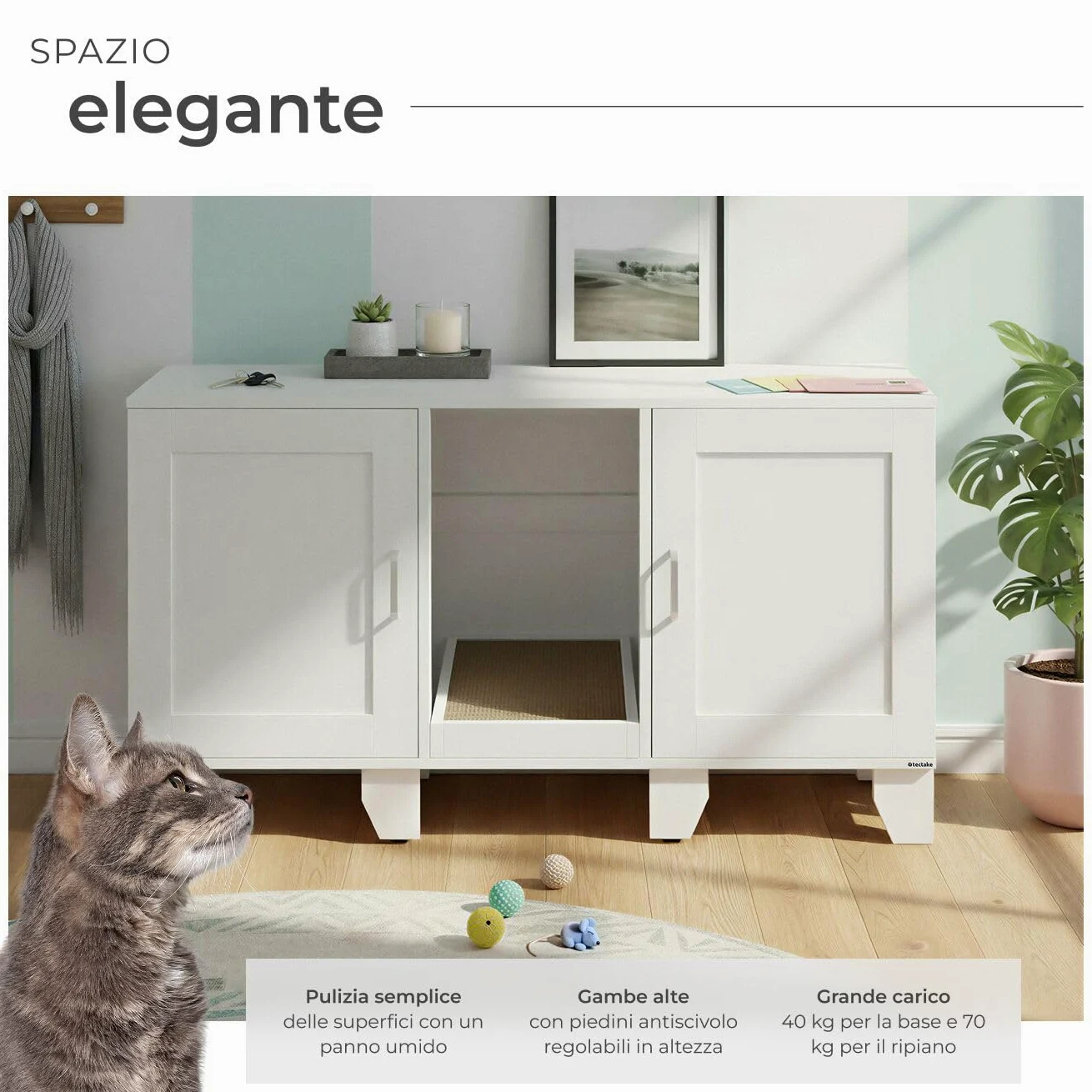 tectake® Mobile lettiera gatto chiusa a due ante, ingresso centrale, tappetino tiragraffi, mobiletto lettiera gatto, armadietto per lettiera gatti, ante magnetiche - 120 x 52 x 65 cm - Bianco