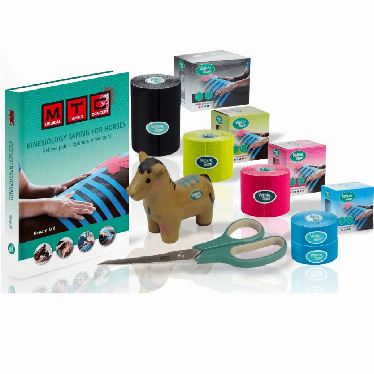 Vetkin Tape Kit Introduzione Equino | Nastro Kinesiologia Equina | Libro di Taping per Cavalli | 3 Dimensioni di Nastro Kinesiologia Veterinaria | Forbici Premium