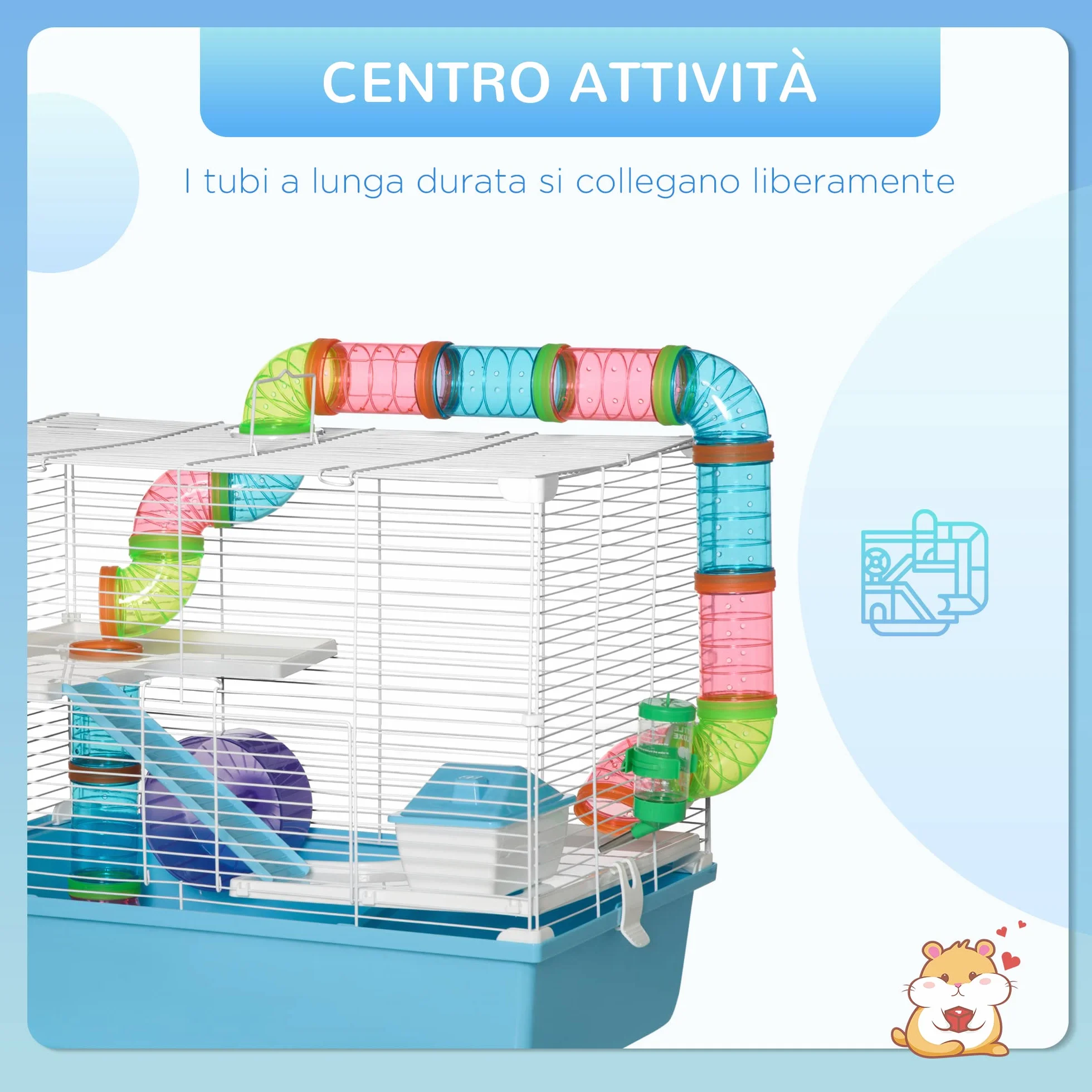 PawHut Gabbia per Criceti a 3 Livelli con Tubi, Casetta, Serbatoio dell'Acqua e Ruota, 59x36x47 cm, Azzurro e Bianco