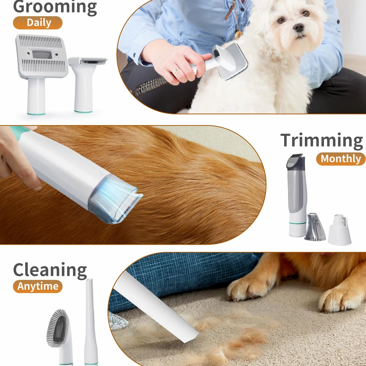 Rasoio per cani con aspirapolvere, 15000Pa, set per la cura degli animali domestici con 7 strumenti di cura, 3 livelli di velocità, a basso rumore, rimozione peli di animali domestici per cani e gatti