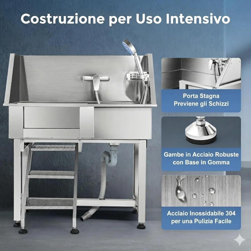 CO-Z 86 cm Vasca da Bagno per Cani in Acciaio Inossidabile, Vasca Toelettatura Professionale per Animali Domestici capacità 80 kg, Vasca Doccia per Toelettatura con Scale Porta Scorrevole Rubinetto
