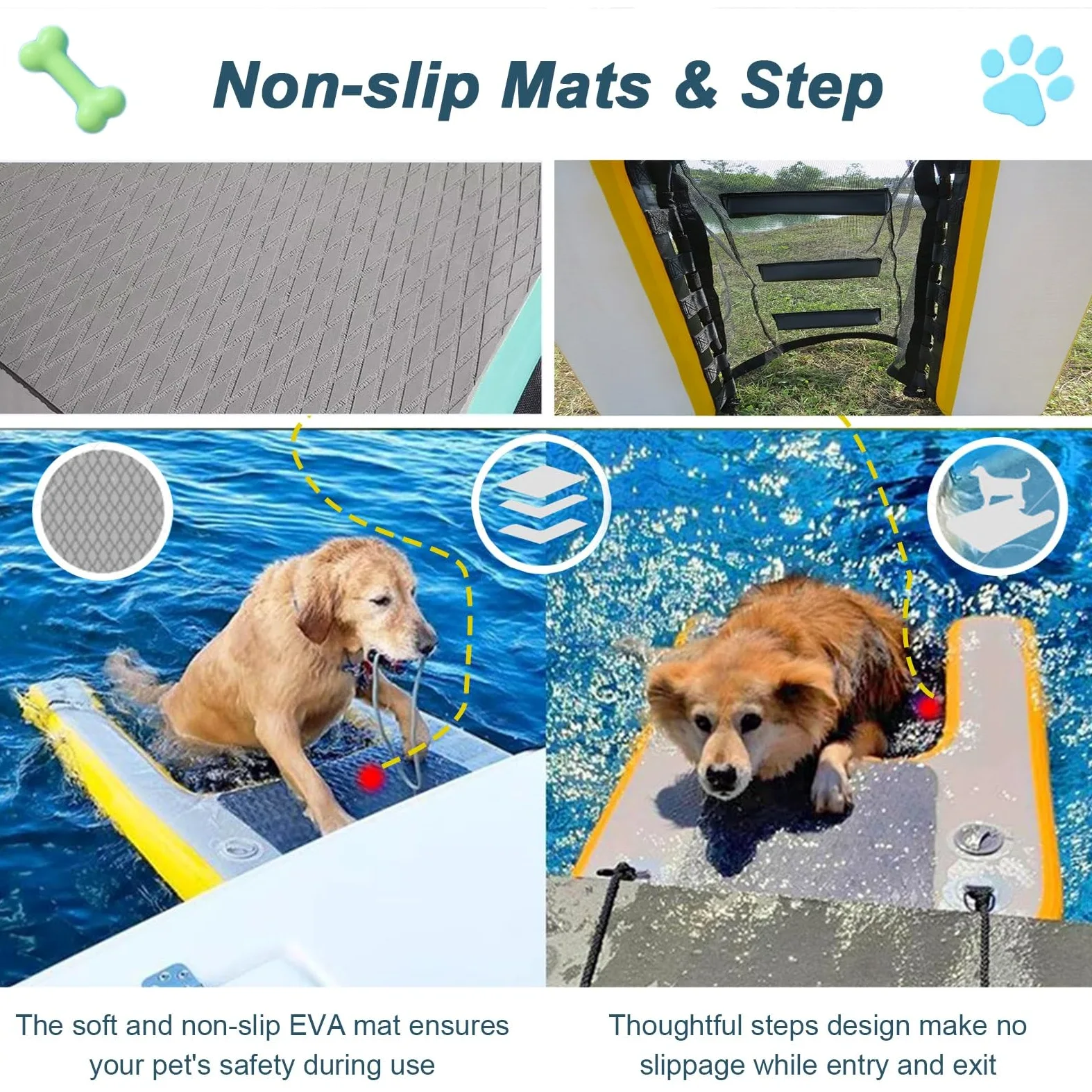 Rampa gonfiabile per cani, pieghevole e portatile, soluzione di accesso all'acqua per animali domestici, include pompa, corda e kit di riparazione per una facile uscita dalla piscina o dal molo