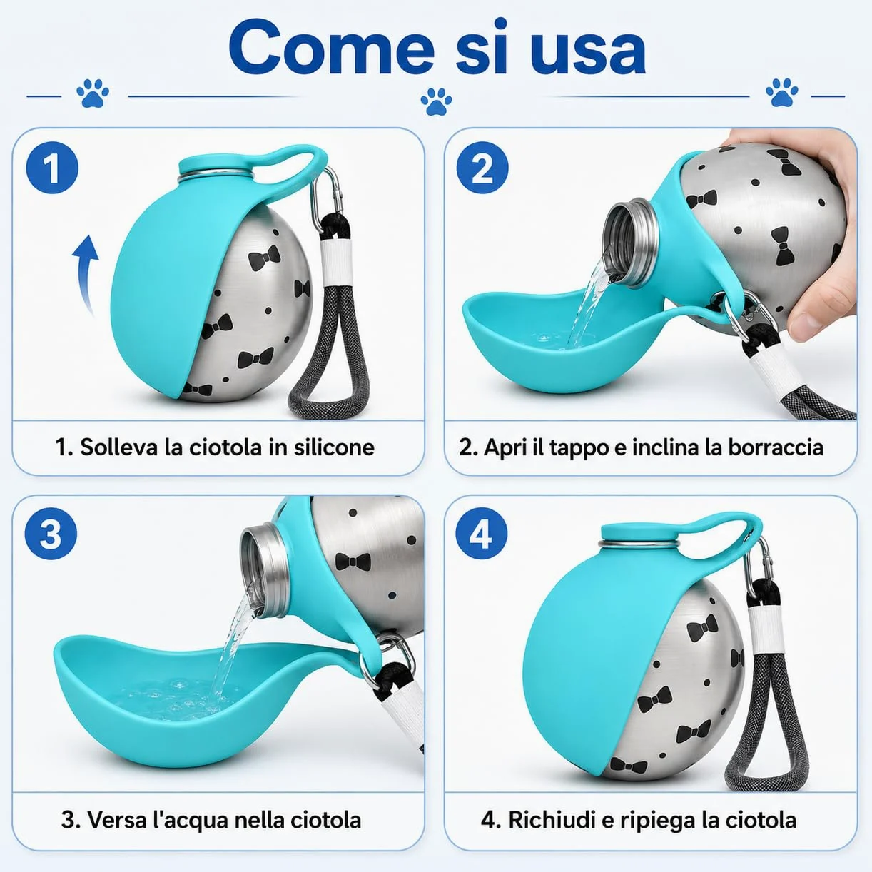 Borraccia per Cani Portatile e Compatta - Bottiglia in Acciaio per Cani in Acciaio Inox da 285ml con Ciotola Pieghevole in Silicone Anti-Goccia (Rosa A+Blu A 285ml)