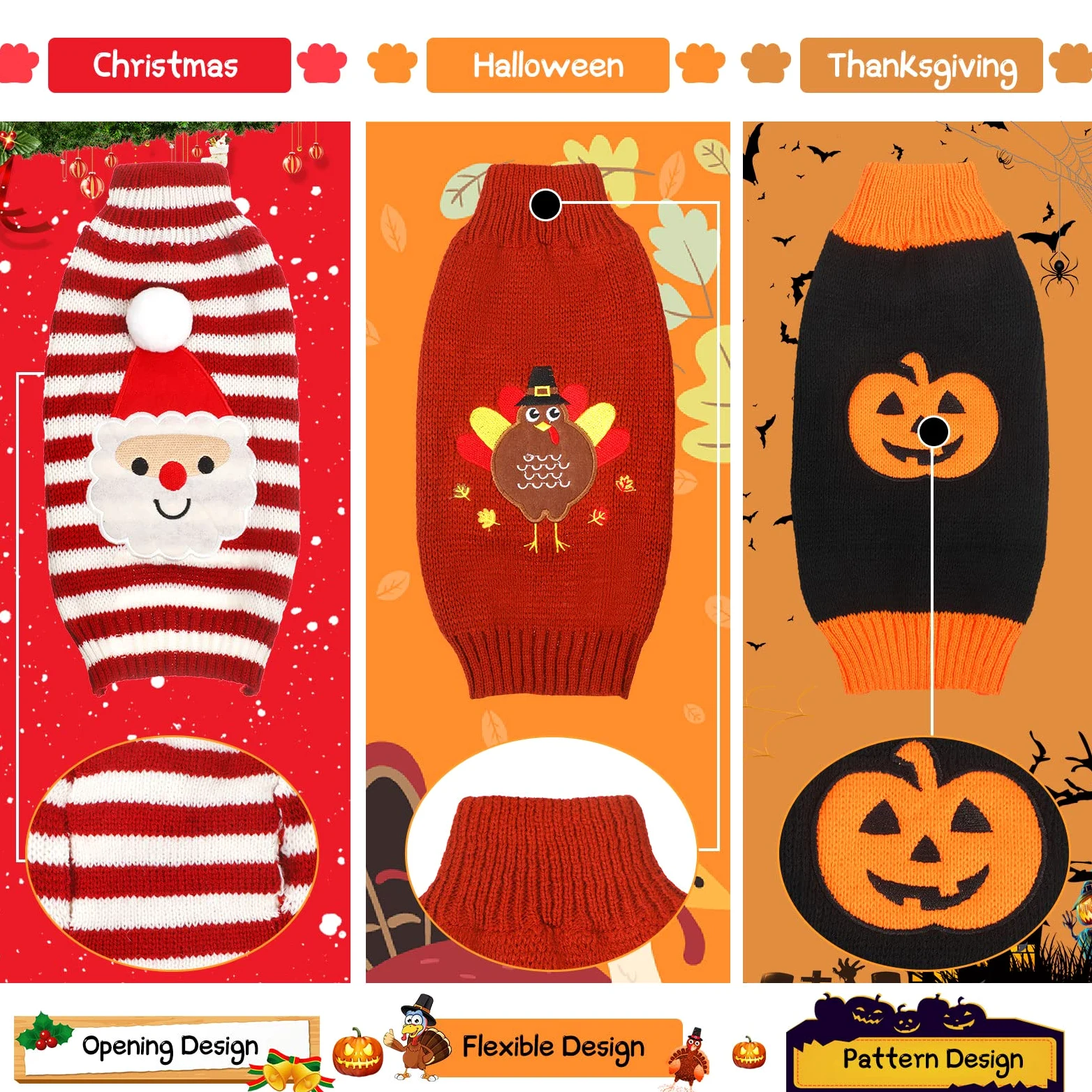 3 pezzi Halloween Ringraziamento Natale cane maglioni set zucca tacchino santa cucciolo cane vestiti maglia PET per cane gatto animale domestico costume (S)