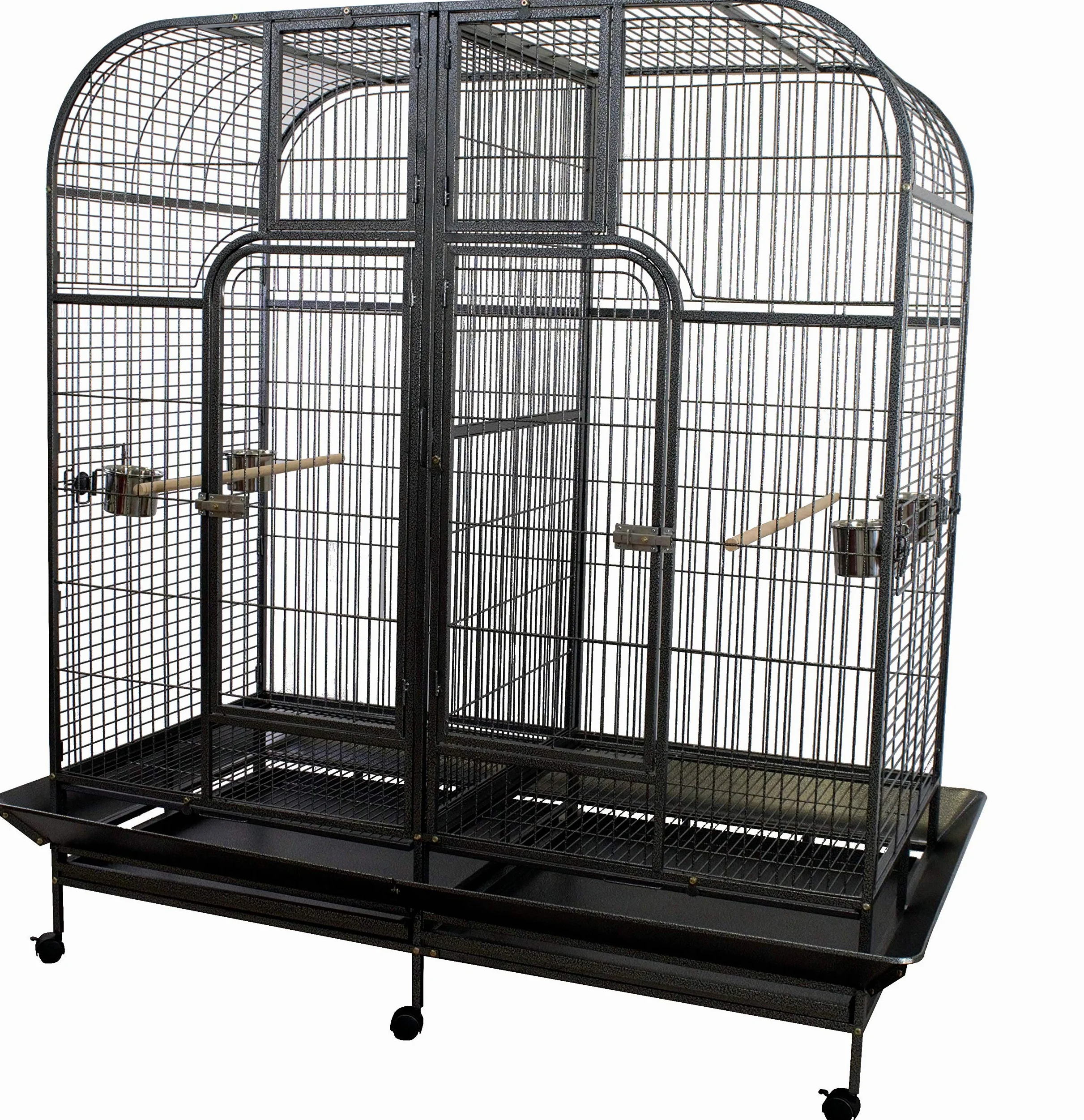 Pet's Solution - Grande Voliera Pappagallo con Divisorio, per Uccelli di Grandi Dimensioni, con Posatoi, Ciotole e Ruote, Nera - 180x100x186 cm