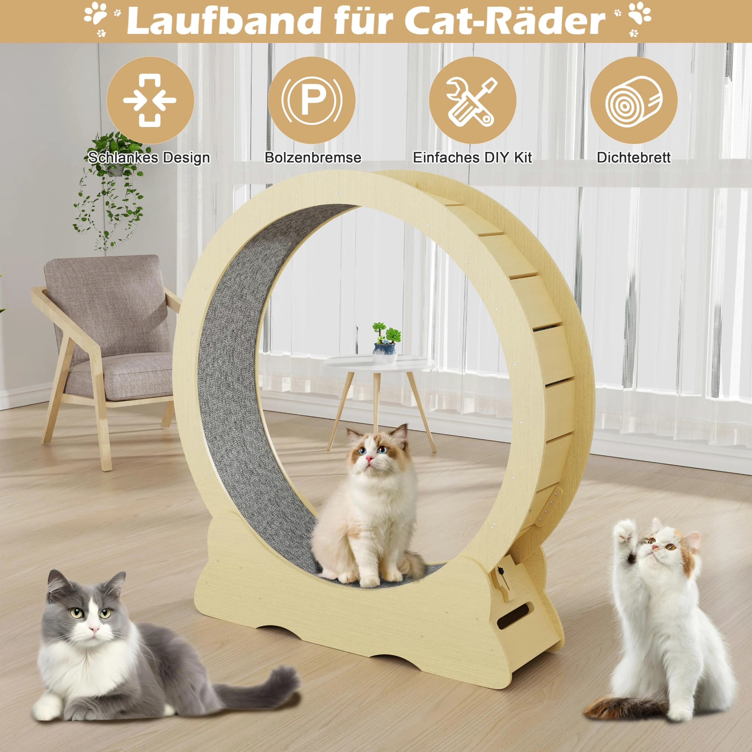 Tapis Roulant per Gatti, 132cm Ruota da Corsa per Gatti in Legno, Ruota per Esercizi per gati, Super Silenzioso, Tapis Giocattolo per gati in Casa (Naturale, XXL)