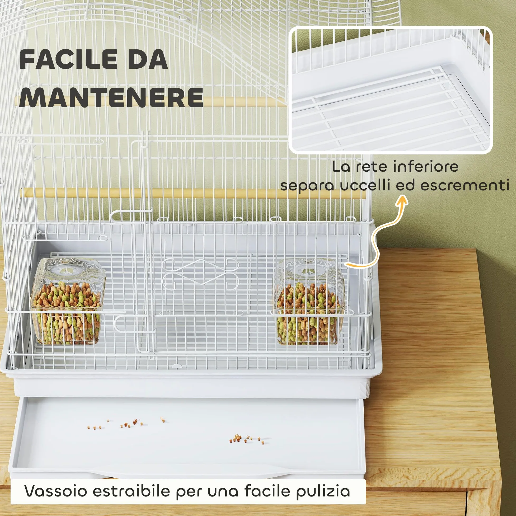 PawHut Gabbietta per Uccelli a 4 Ingressi con 2 Ciotole, 2 Posatoi e Vassoio Estraibile, Voliera in Metallo e Plastica, 47.5x36x54.5 cm, Bianco
