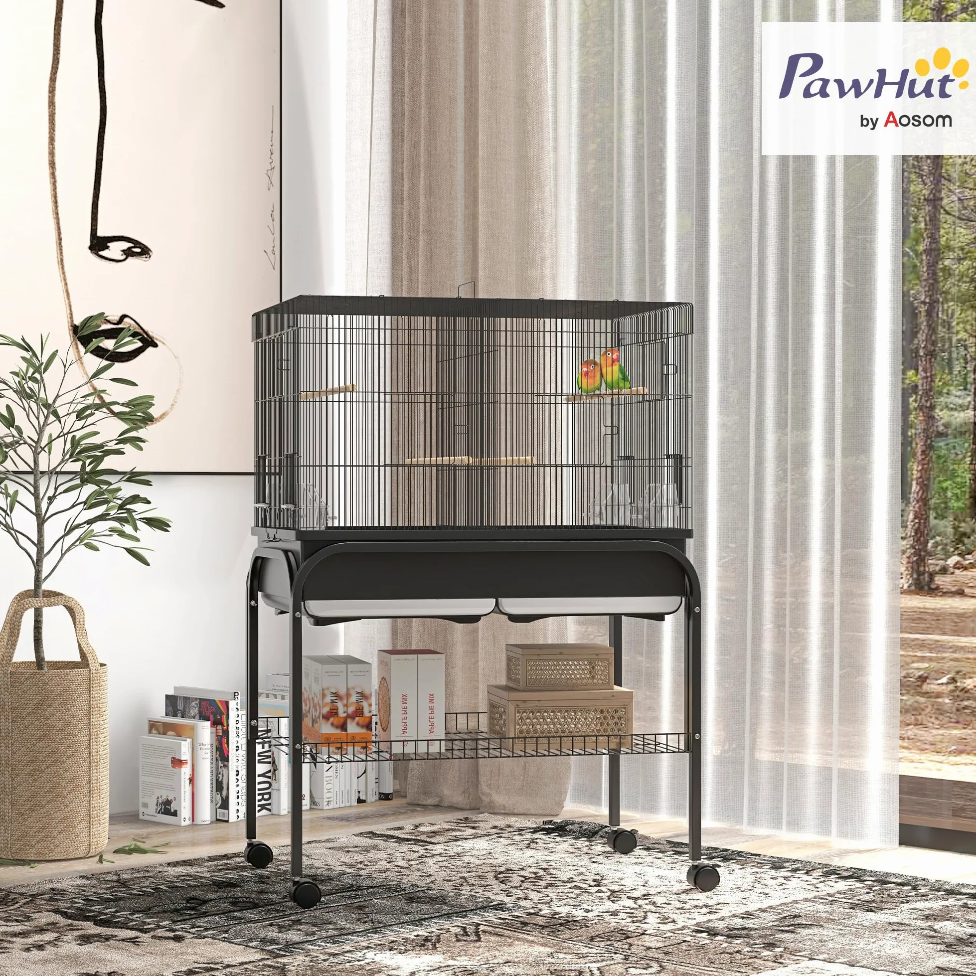 PawHut Gabbia per Uccelli da Interno con Vassoio, Ripiano e Ruote, Voliera in Acciaio per Cocorite, Canarini, Calopsitte e Pappagalli, 85x49x119 cm, Nero