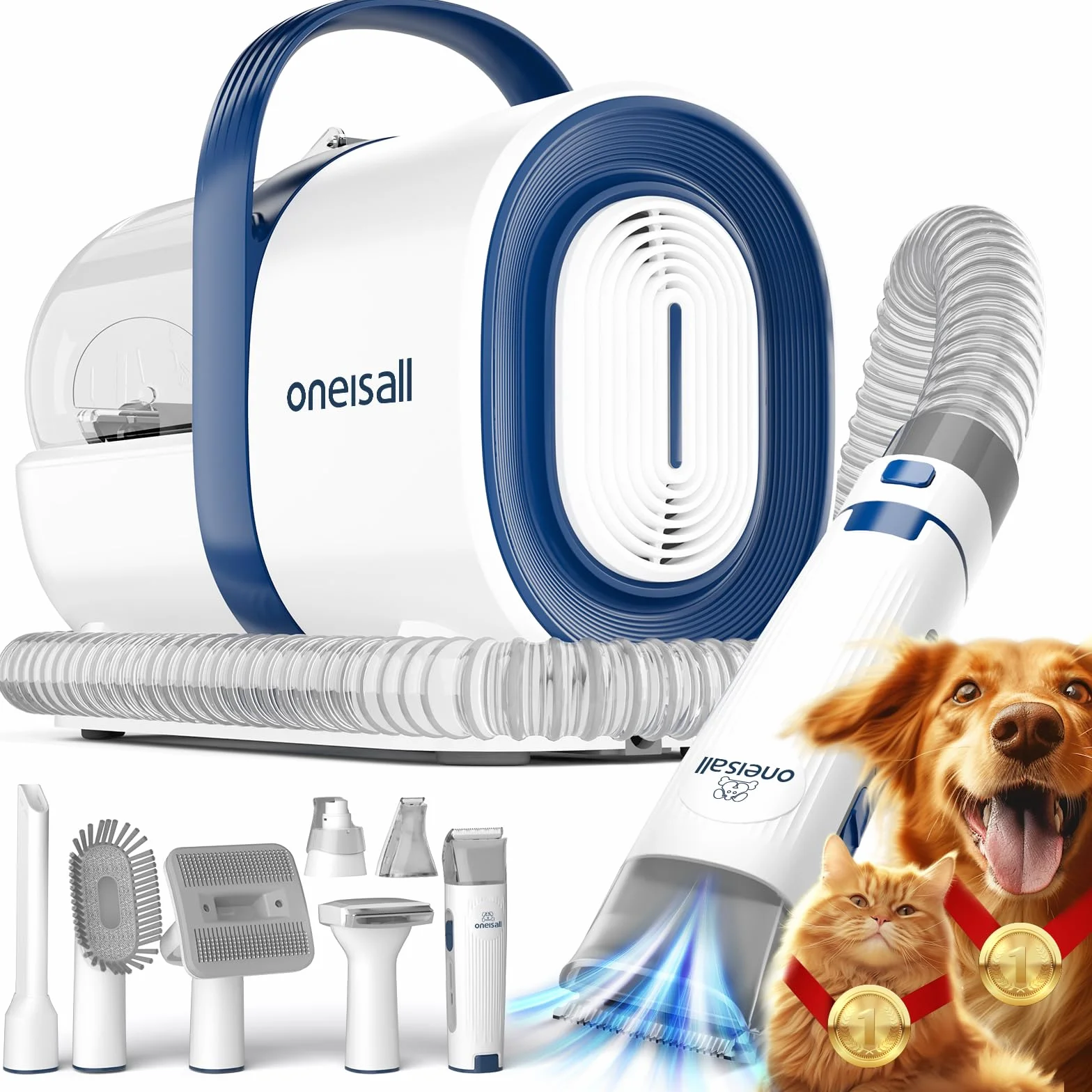 oneisall toelettatura e aspirazione a Vuoto per Animali Domestici, Tosatrice per Cani e Gatto Pelo Lungo Professionale, 7 Strumenti per la toelettatura Per la depilazione di cani e gatti (1,5L)