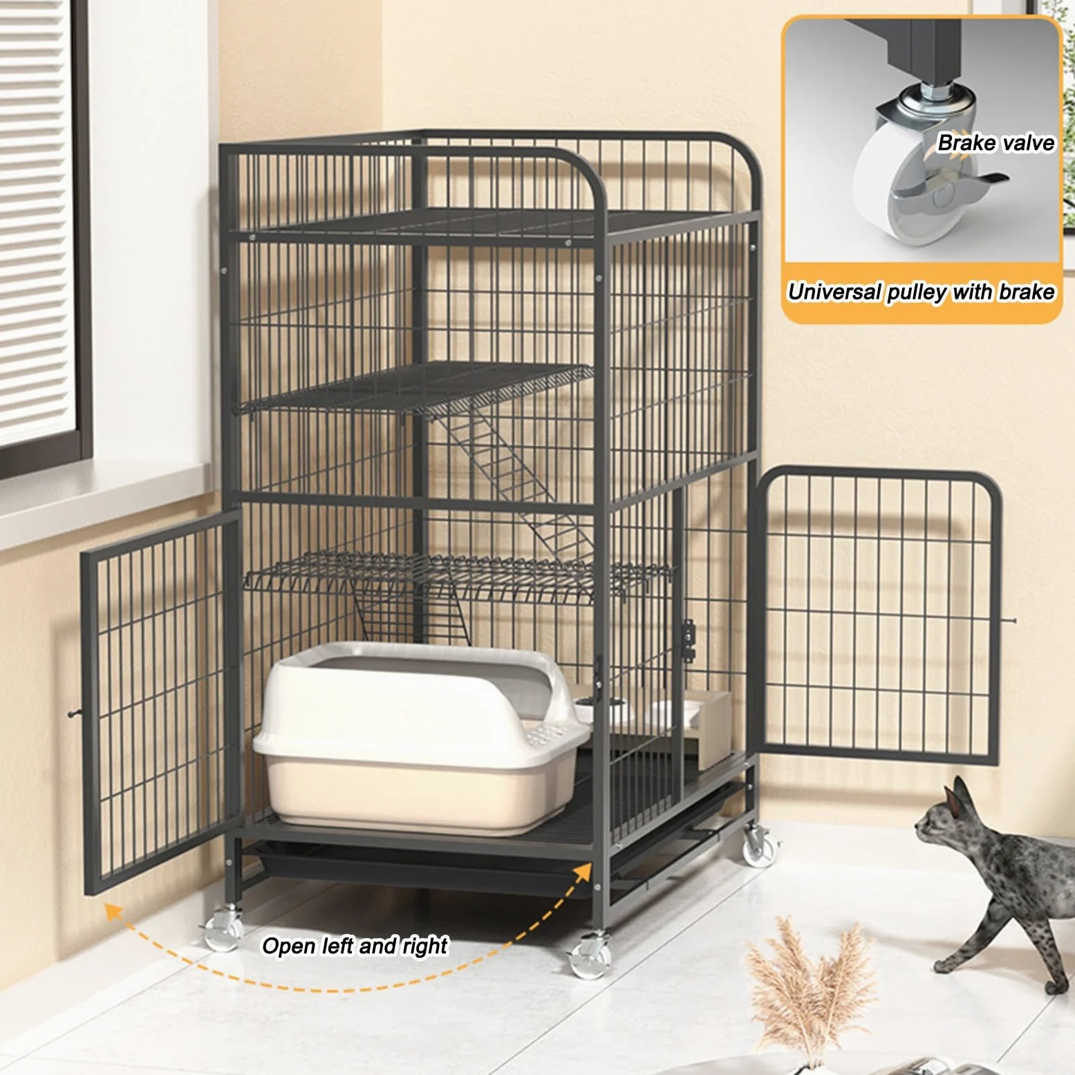 Grande gabbia per gatti, Gabbia per Gatti da Interno Multifunzionale, con 4 Rotelle Orientabili e vassoio estraibile, prodotti per animali domestici, Gabbia per 1-2 Gatti, Chinchilla(86*60*155cm)